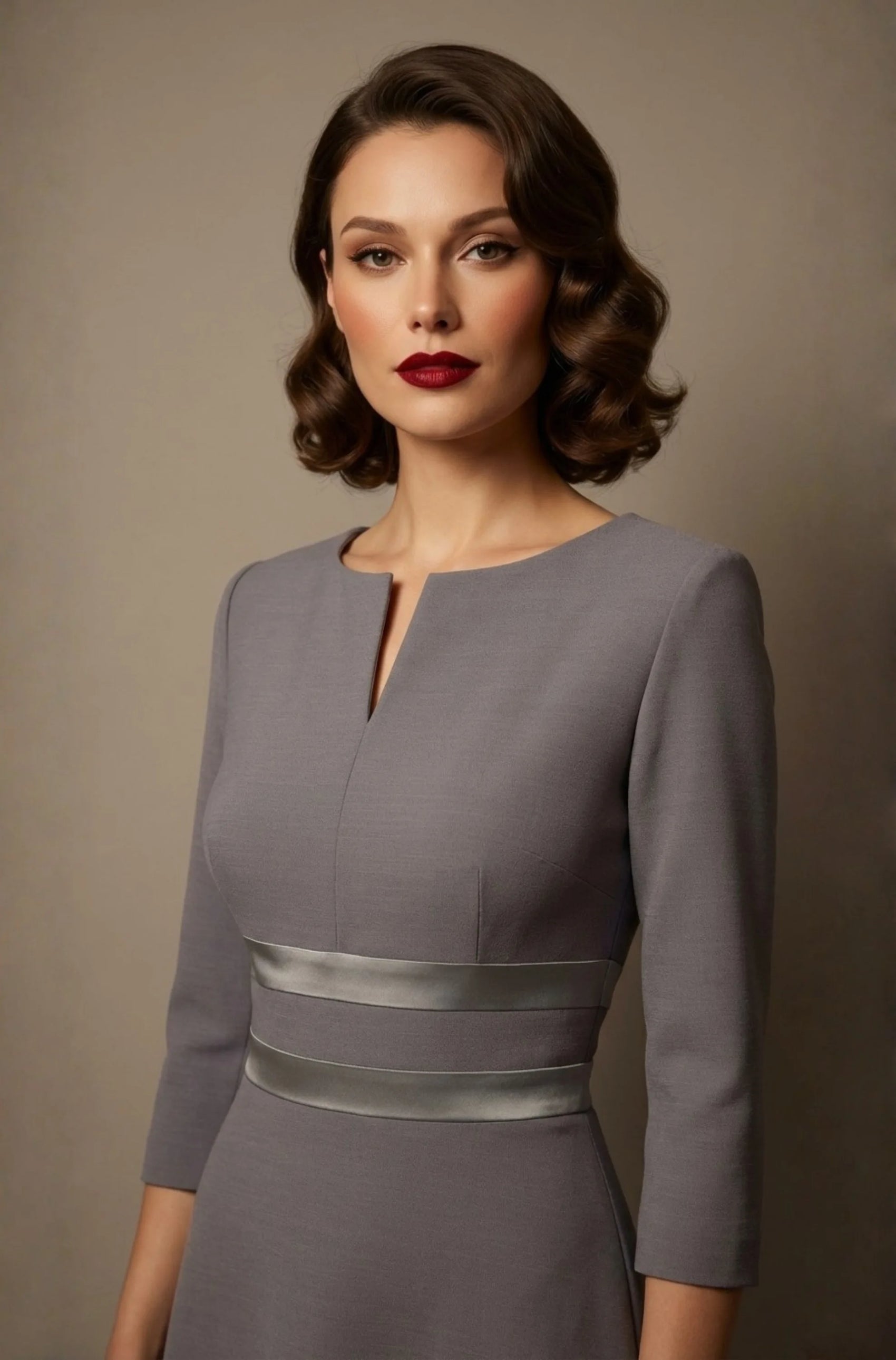 Close-up of the model wearing the Seed Alisa dress, showcasing the sharp V-notch neckline, flawless tailoring, and luxurious satin contrast detail (Sky Grey - Silver Grey)