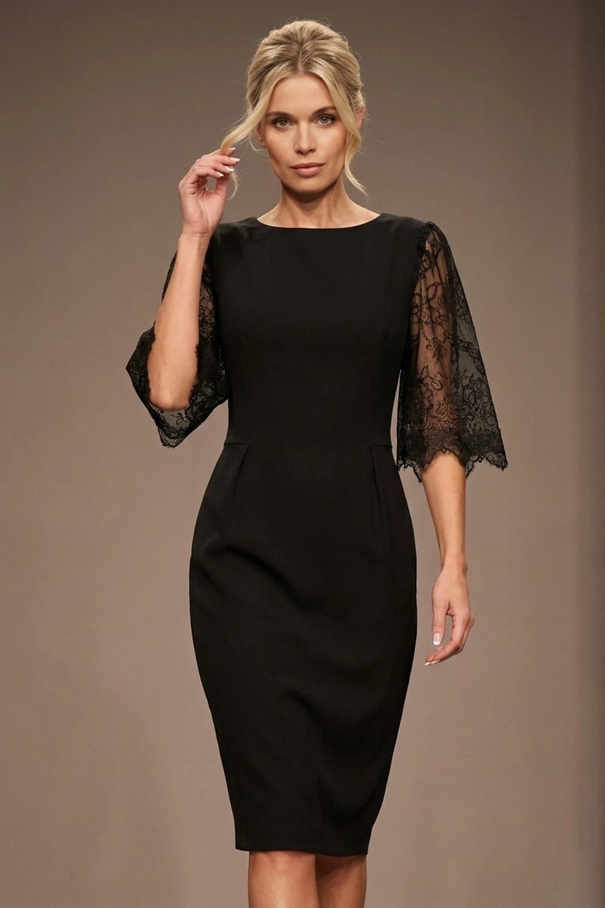 Lovelock French Lace Sleeve Dress in Black & Black Lace – Diva Catwalk, image 1
