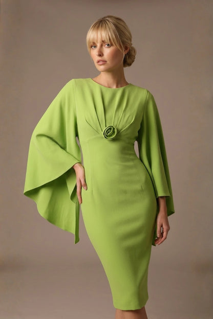 Federica Cape-Sleeve Pencil Dress in Lime Green – detail