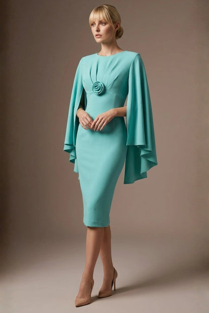 Federica Cape-Sleeve Pencil Dress in Turquoise – detail