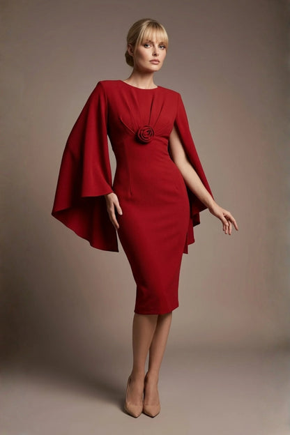Federica Cape-Sleeve Pencil Dress in Scarlet Red – detail