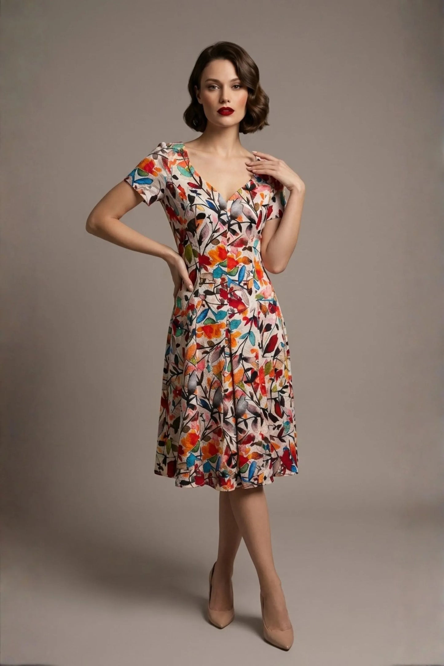 Woman wearing a diva catwalk colorful floral dress called Valia Silk Touch A-Line Dress against a plain background (Erratic Leaf Print)