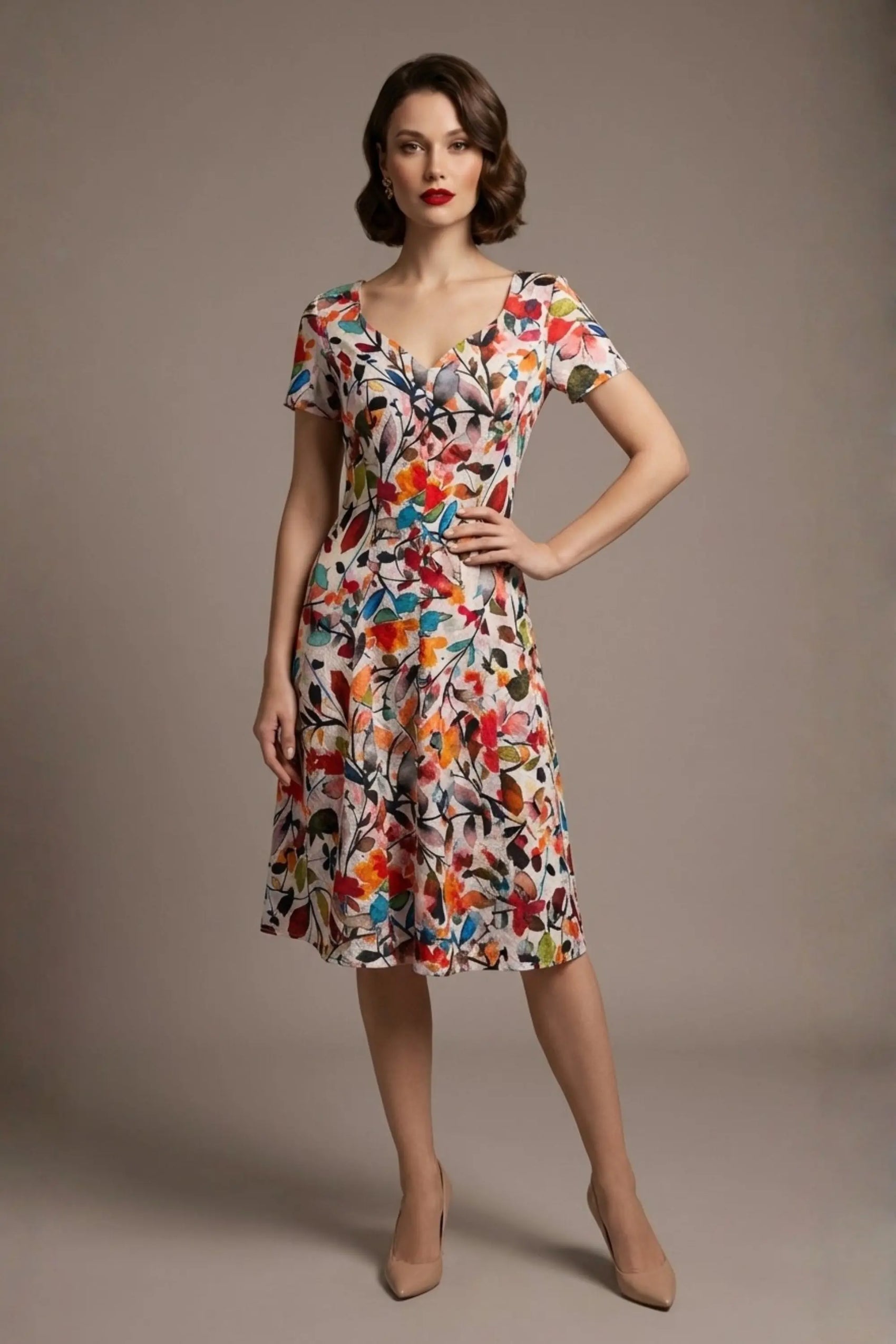 Woman wearing a diva catwalk colorful floral dress called Valia Silk Touch A-Line Dress against a plain background (Erratic Leaf Print)