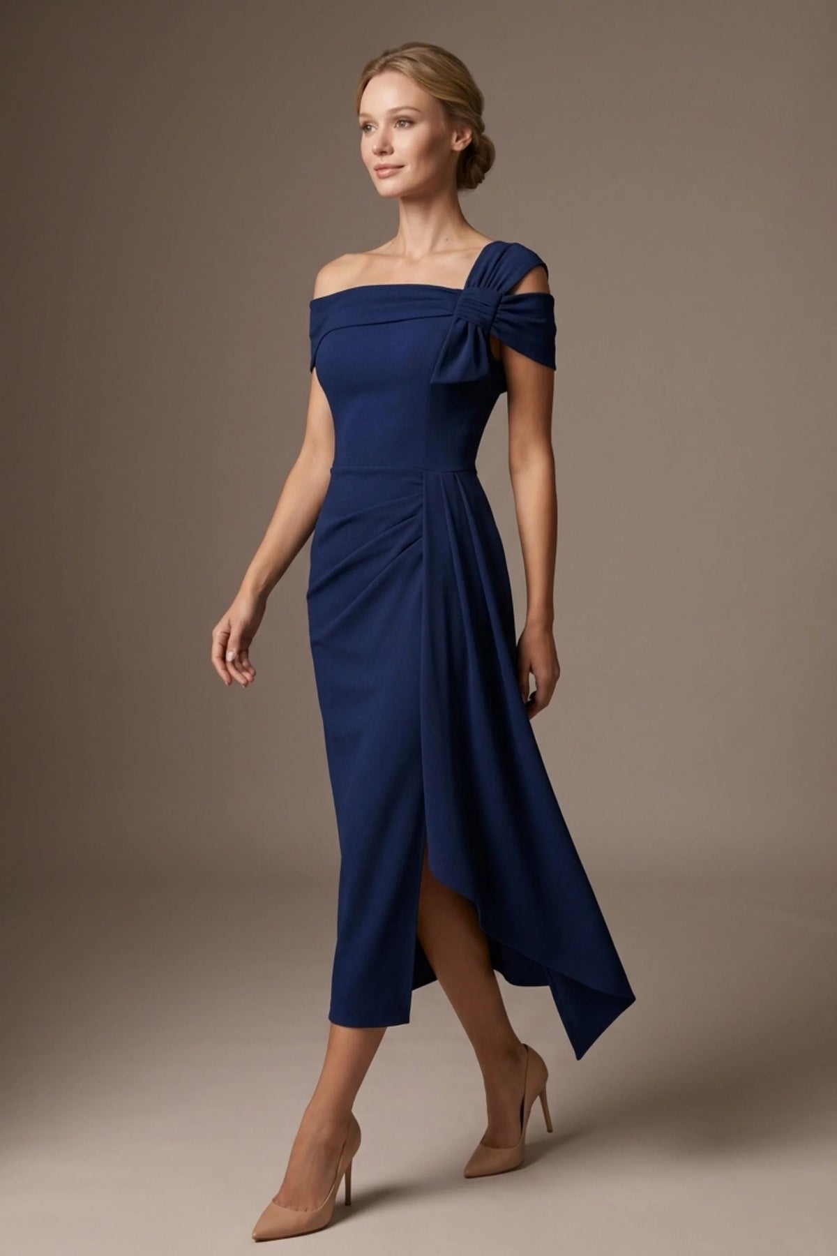 Olina Sculptural Off-The-Shoulder Drape Dress in Navy Blue – Diva Catwalk, image 55