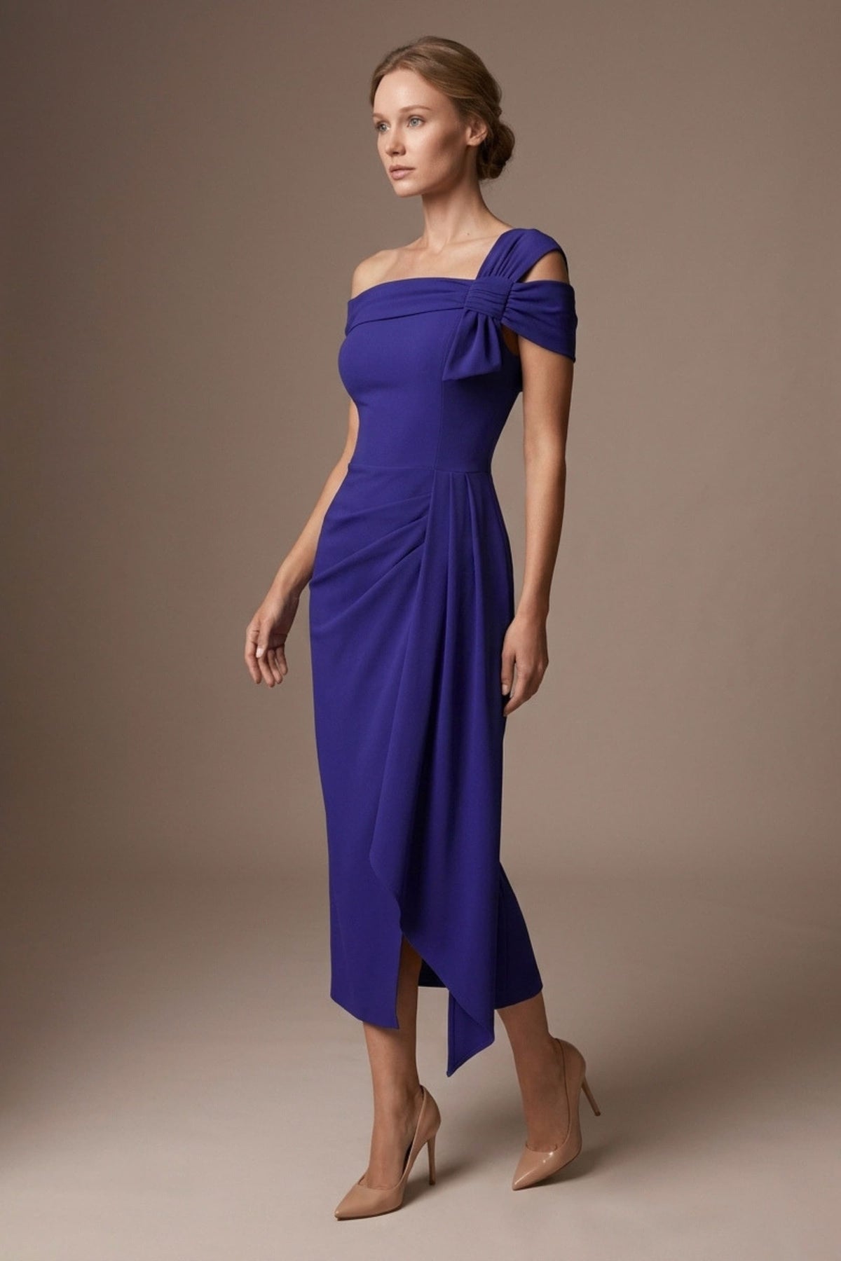 Olina Sculptural Off-The-Shoulder Drape Dress in Spectrum Indigo – Diva Catwalk, image 62