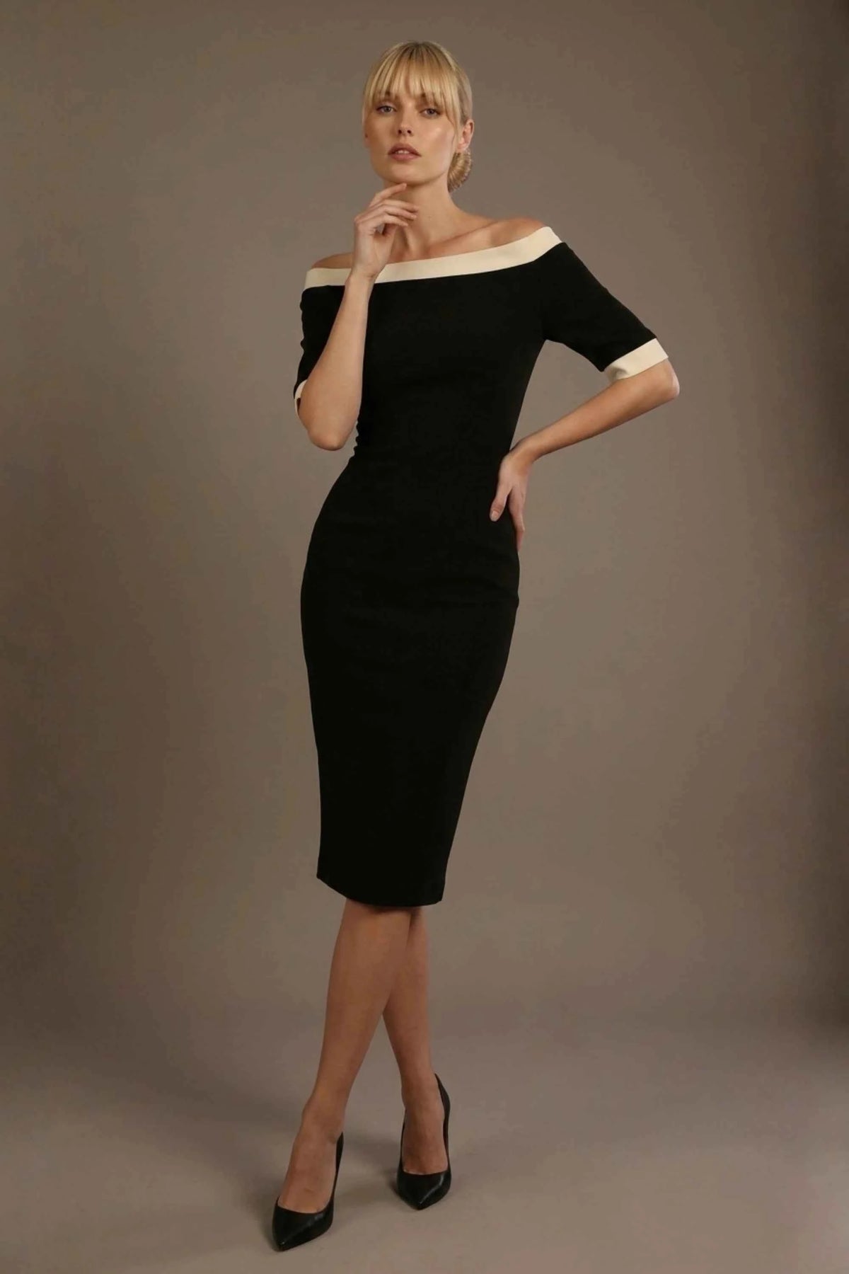 Brea Contrast Off-The-Shoulder Midi Dress