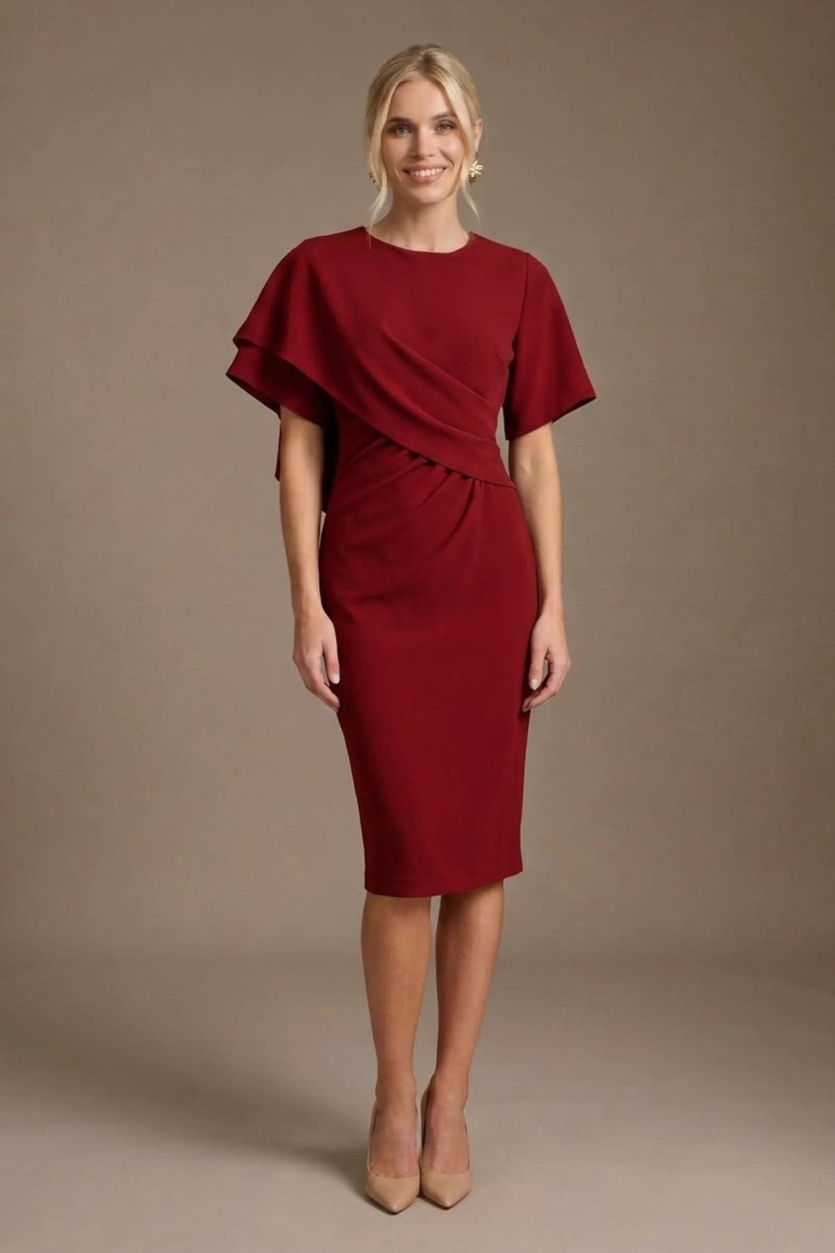 Cypress Asymmetric Cape Detail Pencil Dress in Scarlet Red – Diva Catwalk, image 17