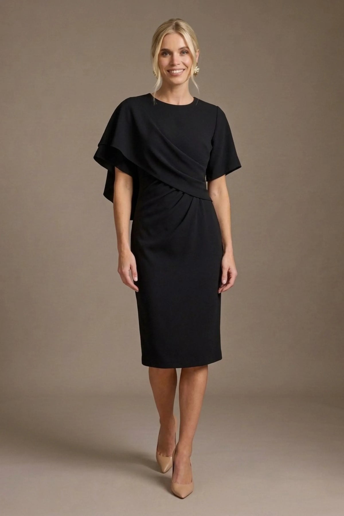 Cypress Asymmetric Cape Detail Pencil Dress in Black – Diva Catwalk, image 20