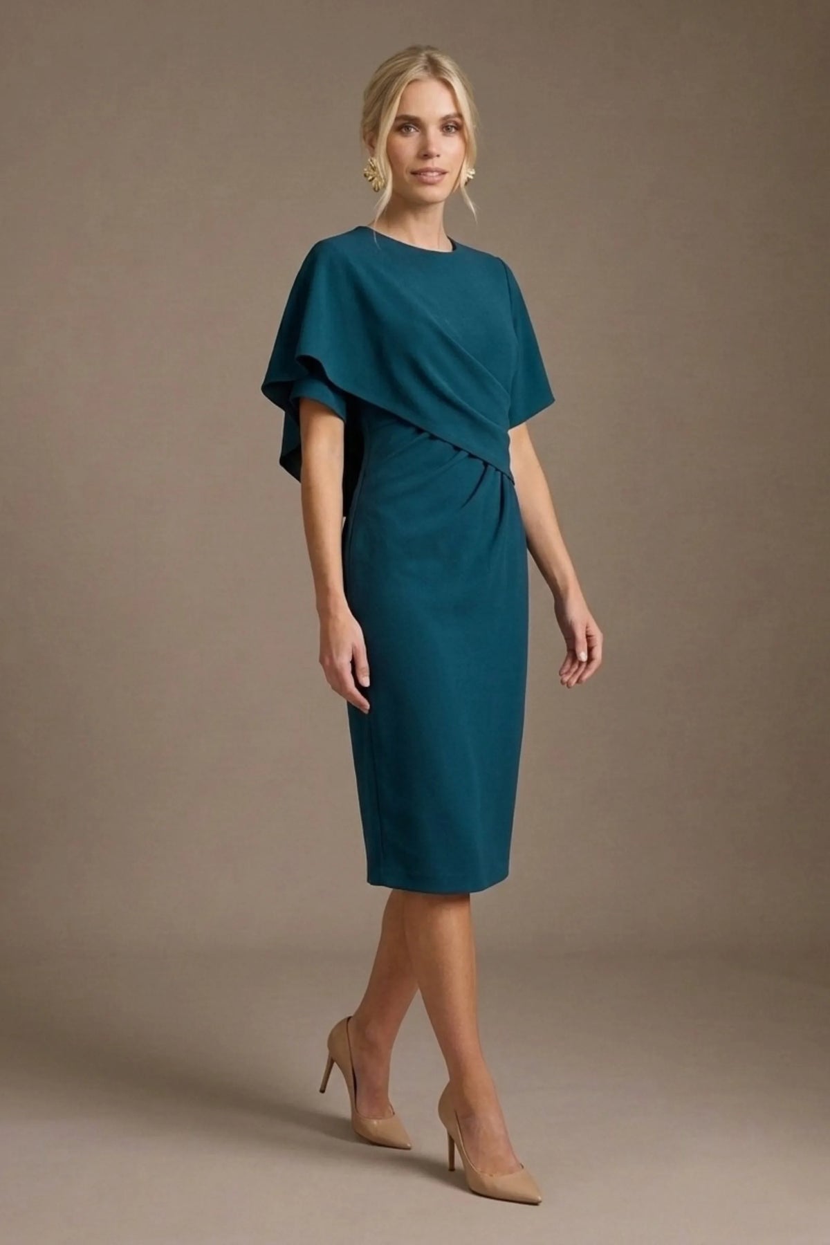 Cypress Asymmetric Cape Detail Pencil Dress in Tropical Teal – Diva Catwalk, image 21
