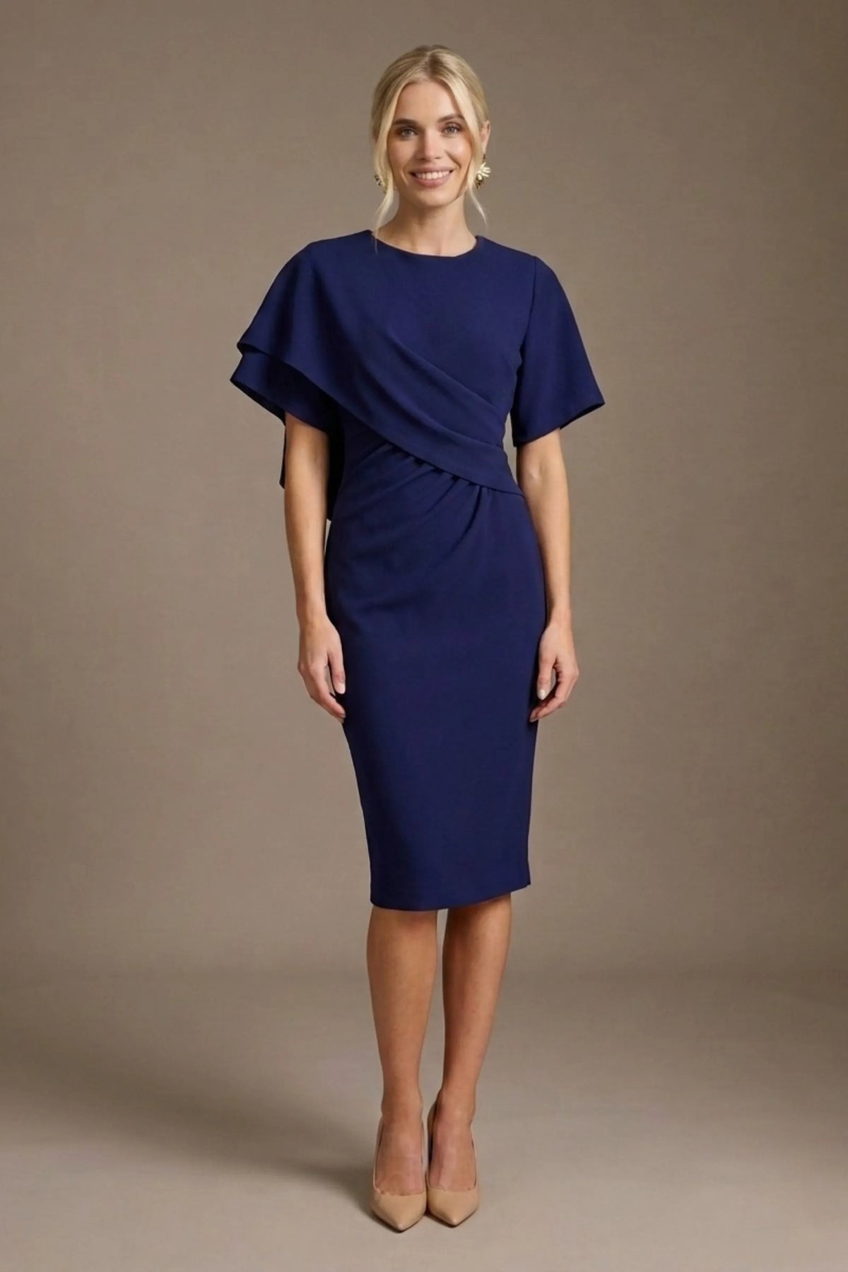 Cypress Asymmetric Cape Detail Pencil Dress in Oxford Blue – Diva Catwalk, image 1