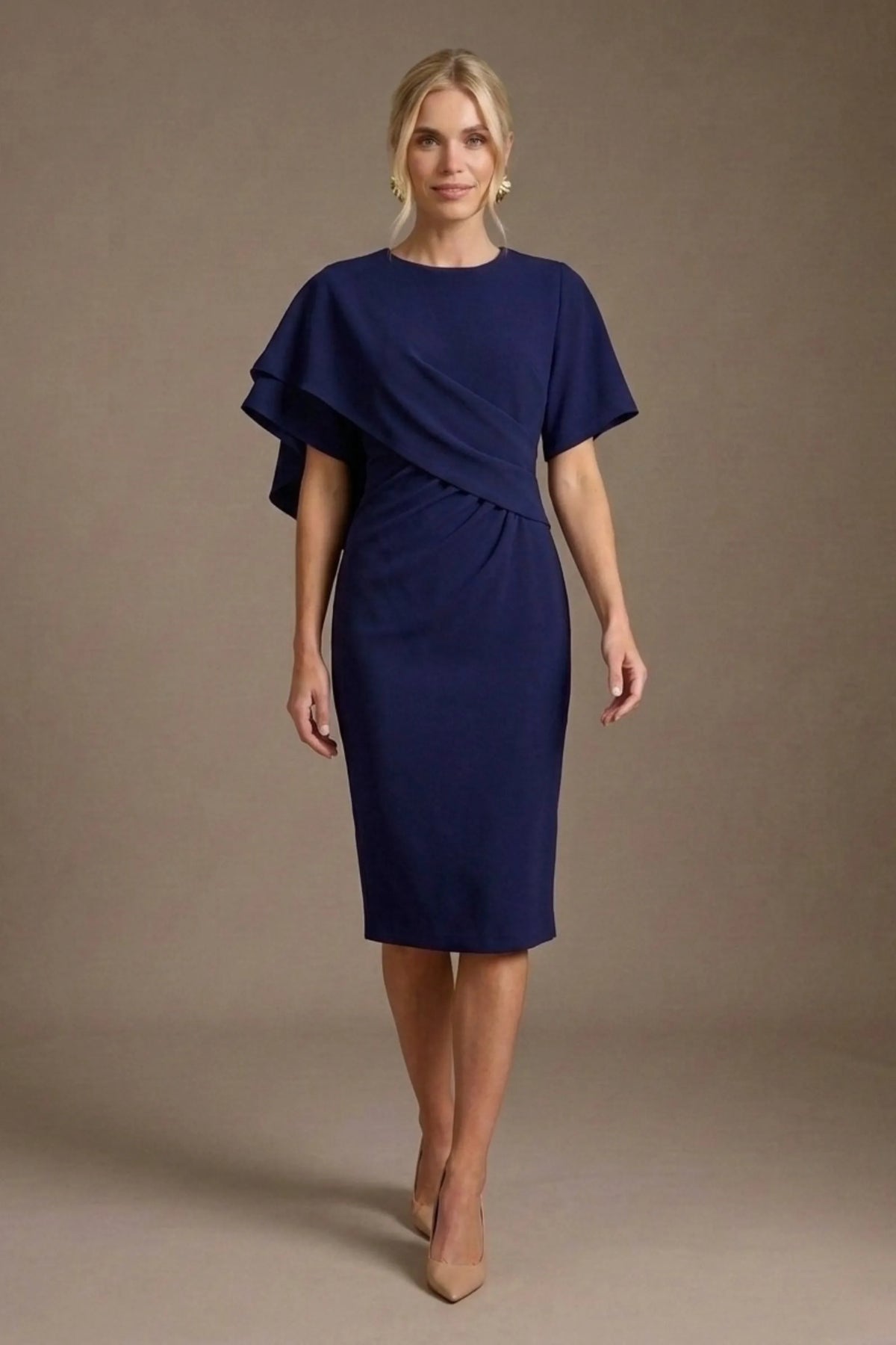 Cypress Asymmetric Cape Detail Pencil Dress