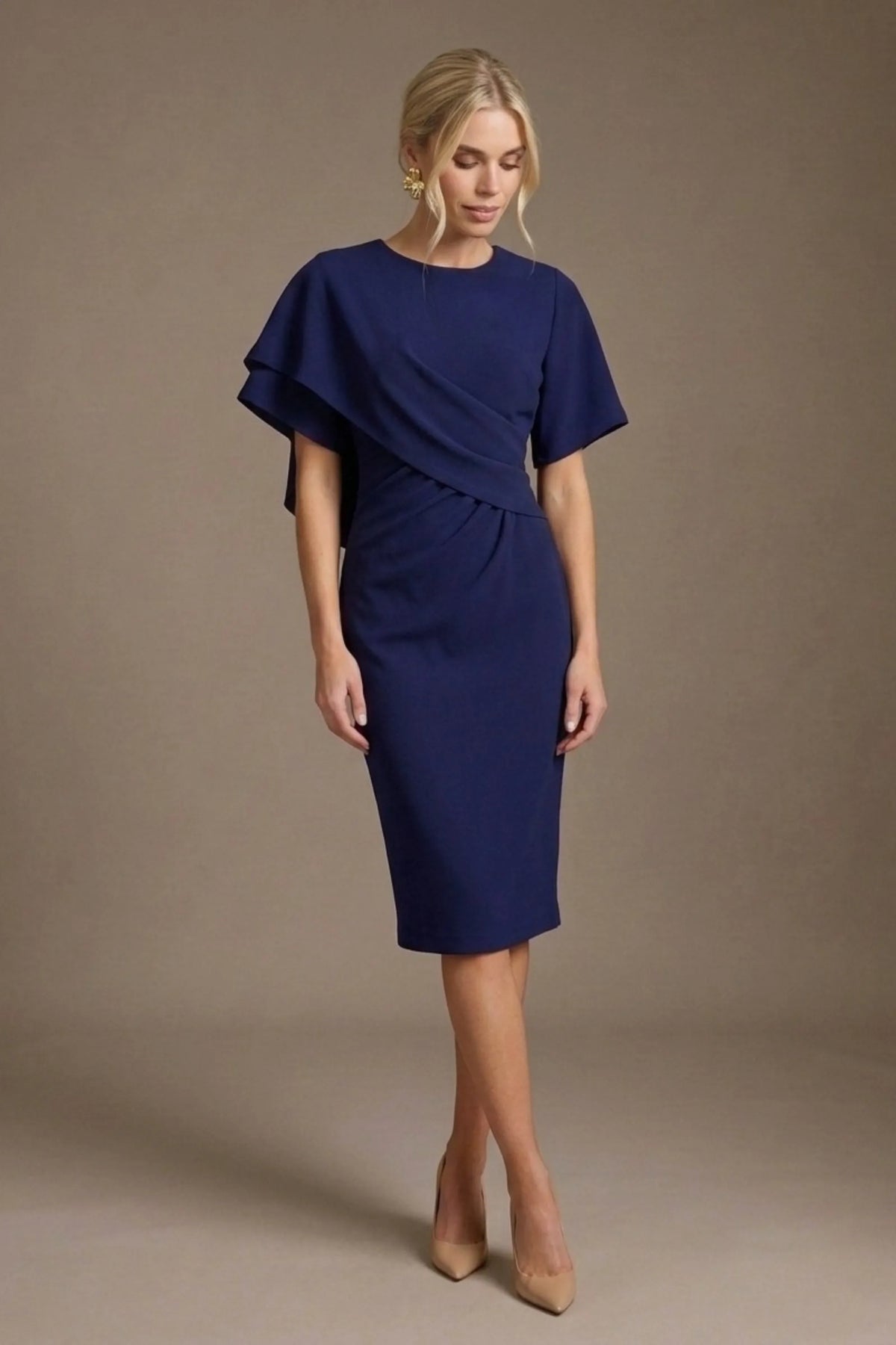 Cypress Asymmetric Cape Detail Pencil Dress – Diva Catwalk, image 3