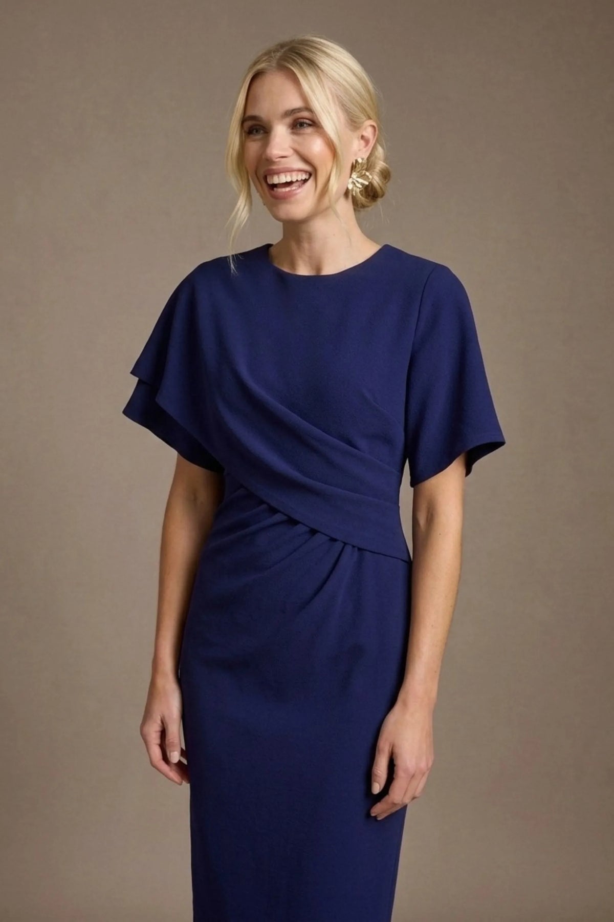 Cypress Asymmetric Cape Detail Pencil Dress