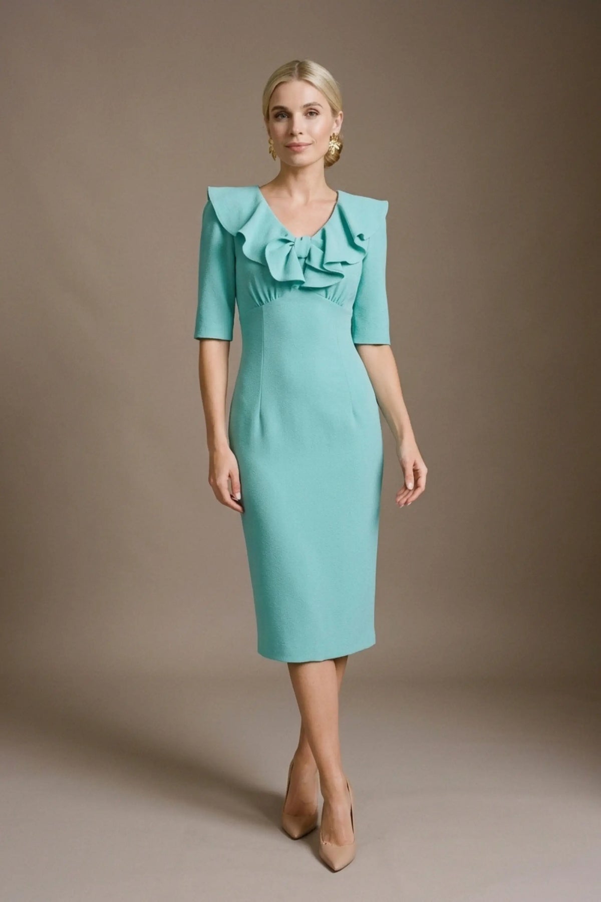 Caister Statement Frill Tie Pencil Dress in Turquiose – Diva Catwalk, image 20