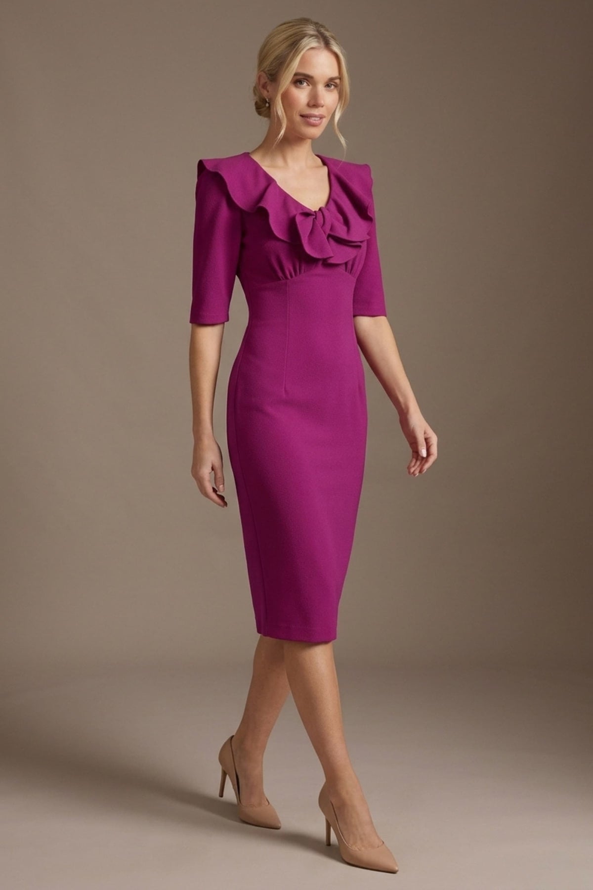 Caister Statement Frill Tie Pencil Dress in Magenta – Diva Catwalk, image 19