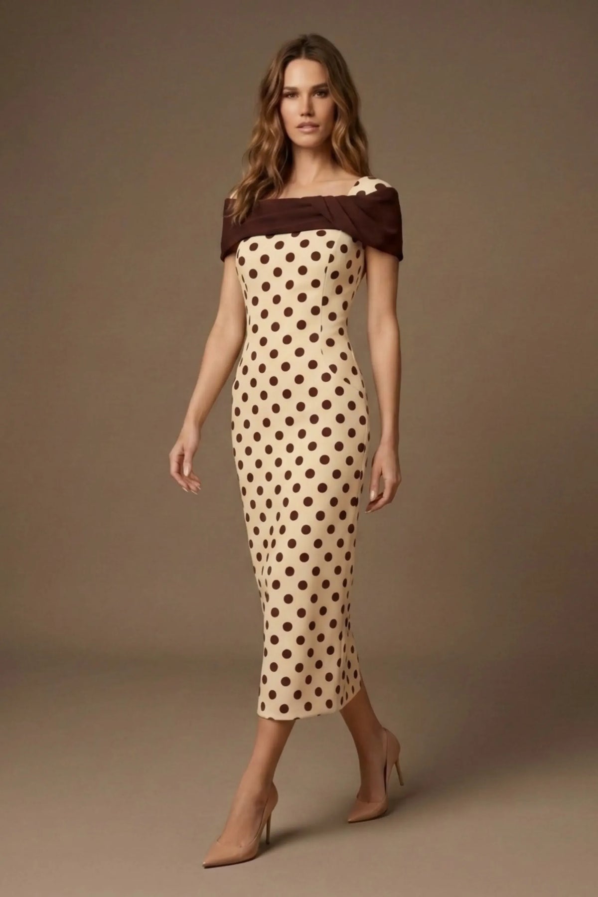 Norfolk Contrast Spot Shawl Dress in Sandshell Beige - Mahogany Spot Contrast – Diva Catwalk, image 1