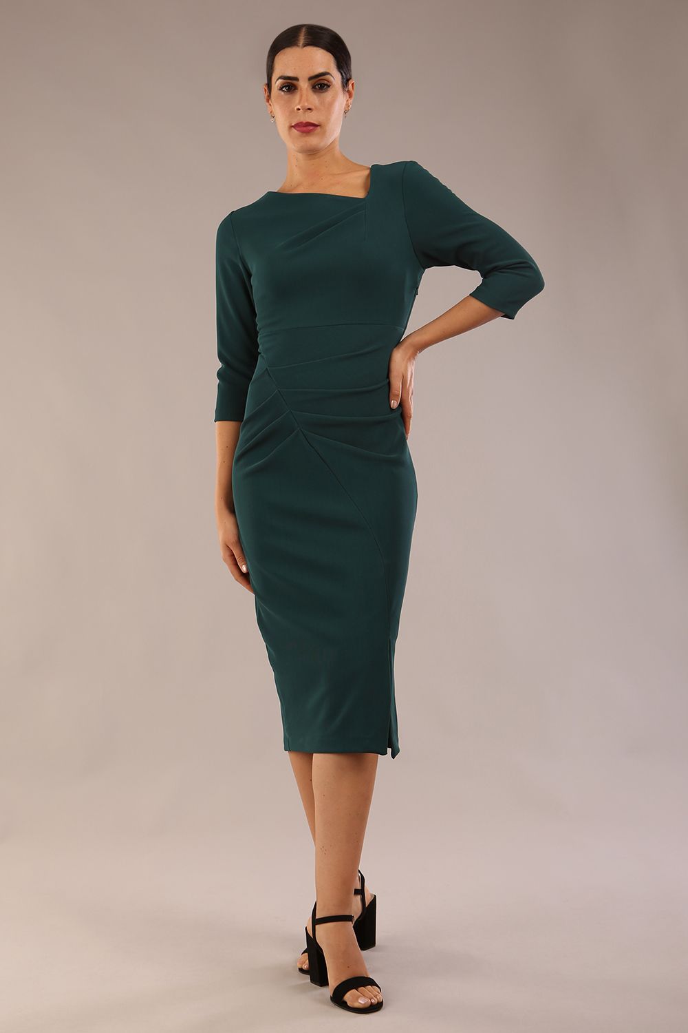Amity Asymmetric Neckline Pleated Dress in Green Gables – Diva Catwalk, image 5
