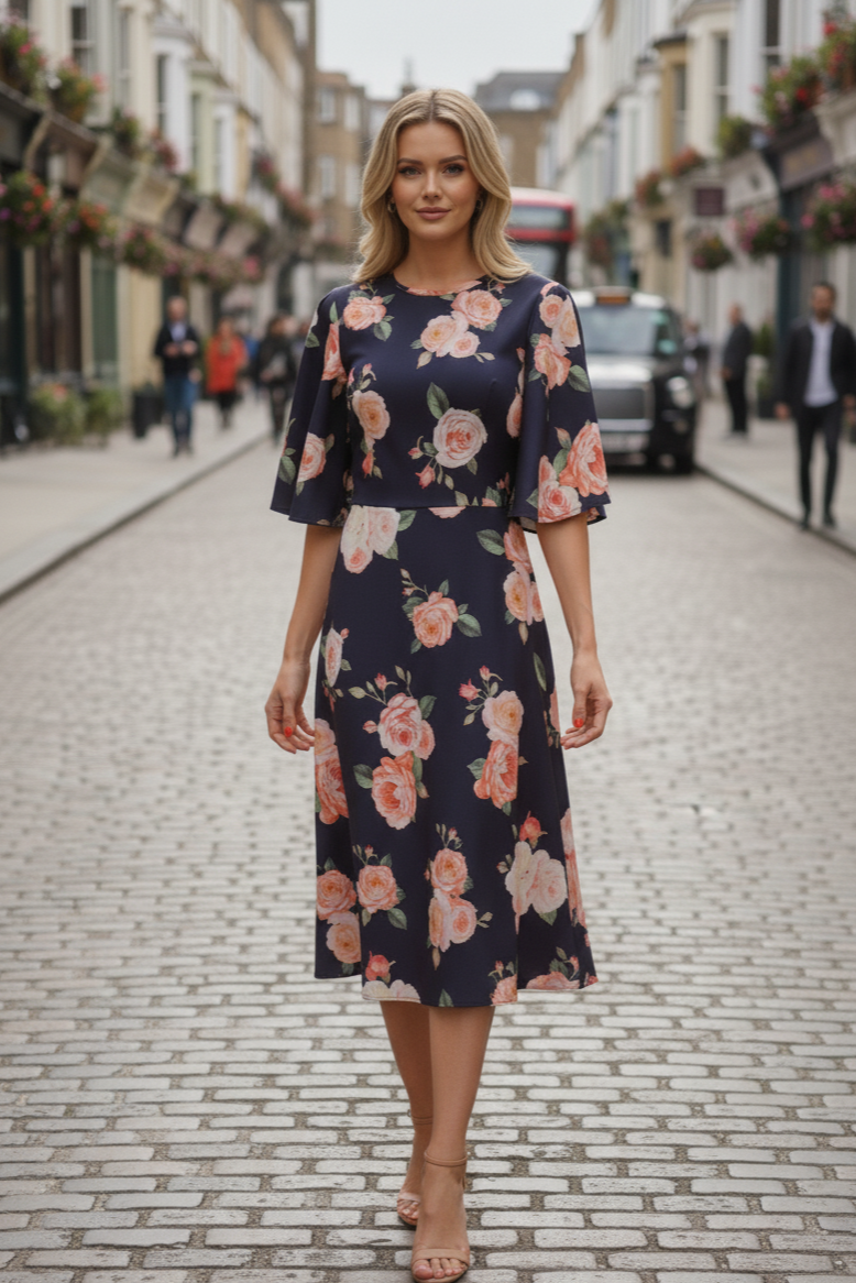 Ariana A-Line Midaxi Dress in Rose Garden Navy – Diva Catwalk, image 1