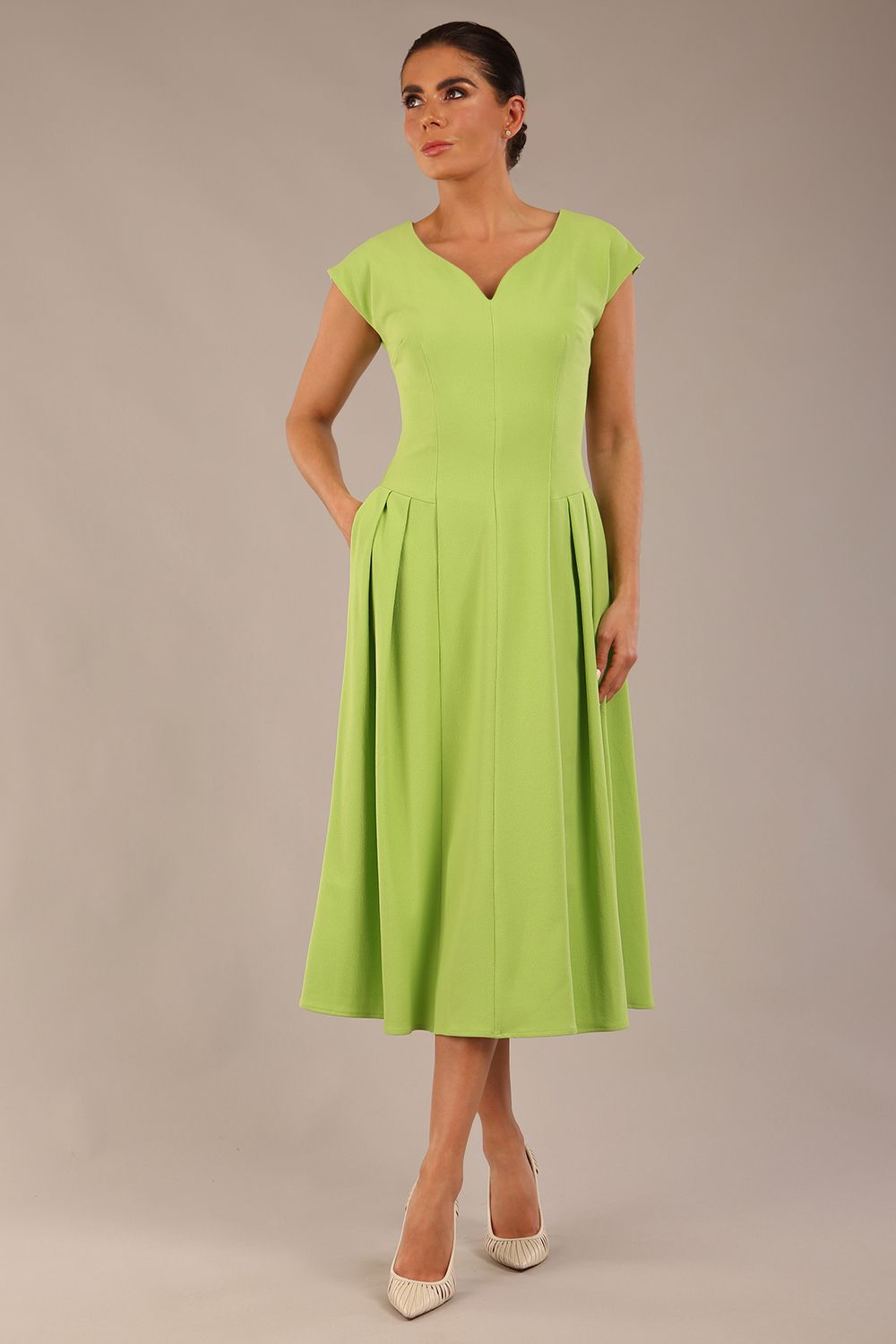 Audrey A-line Midi Dress With Pockets in Lime Green – Diva Catwalk, image 1