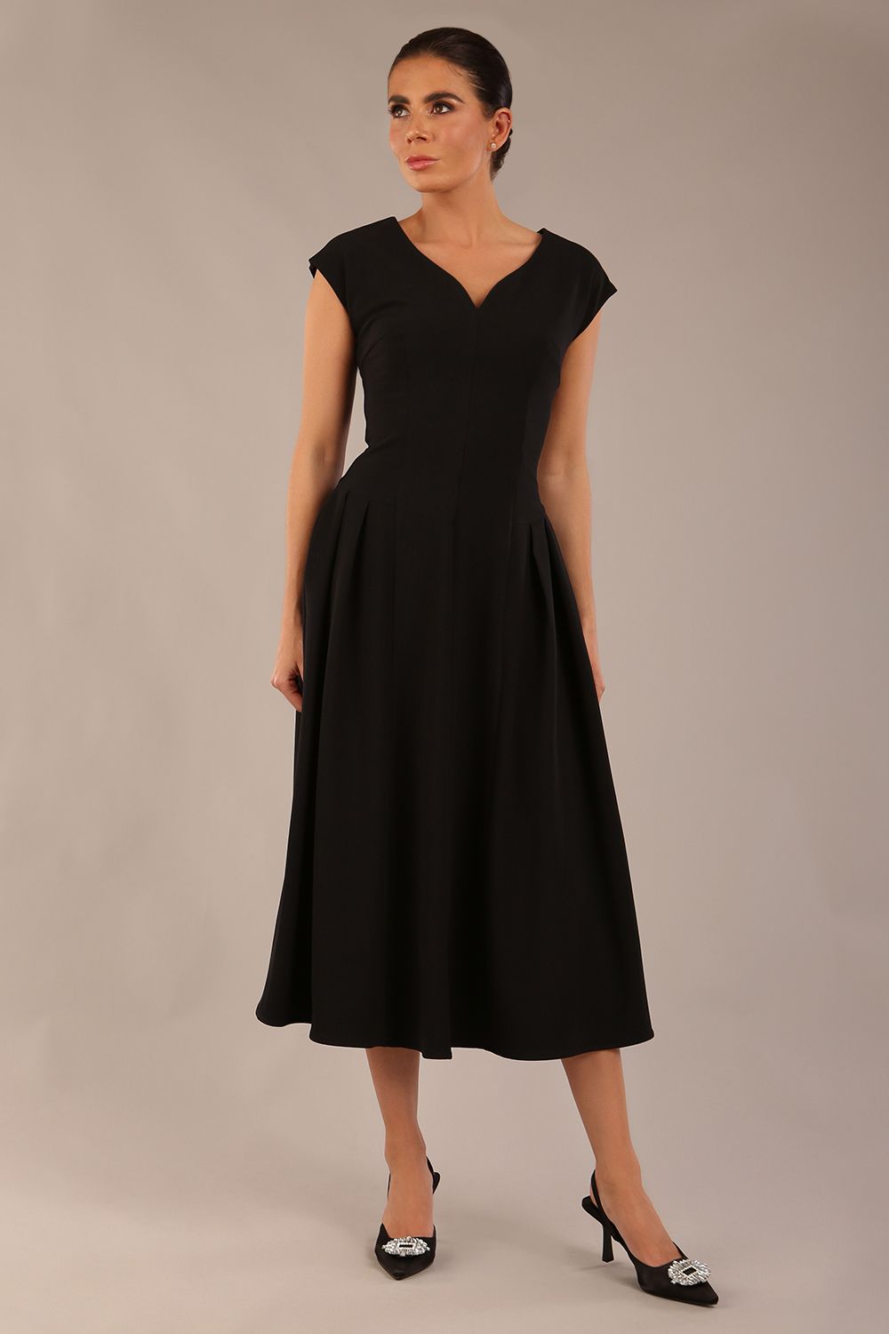 Audrey A-line Midi Dress With Pockets in Black – Diva Catwalk, image 3