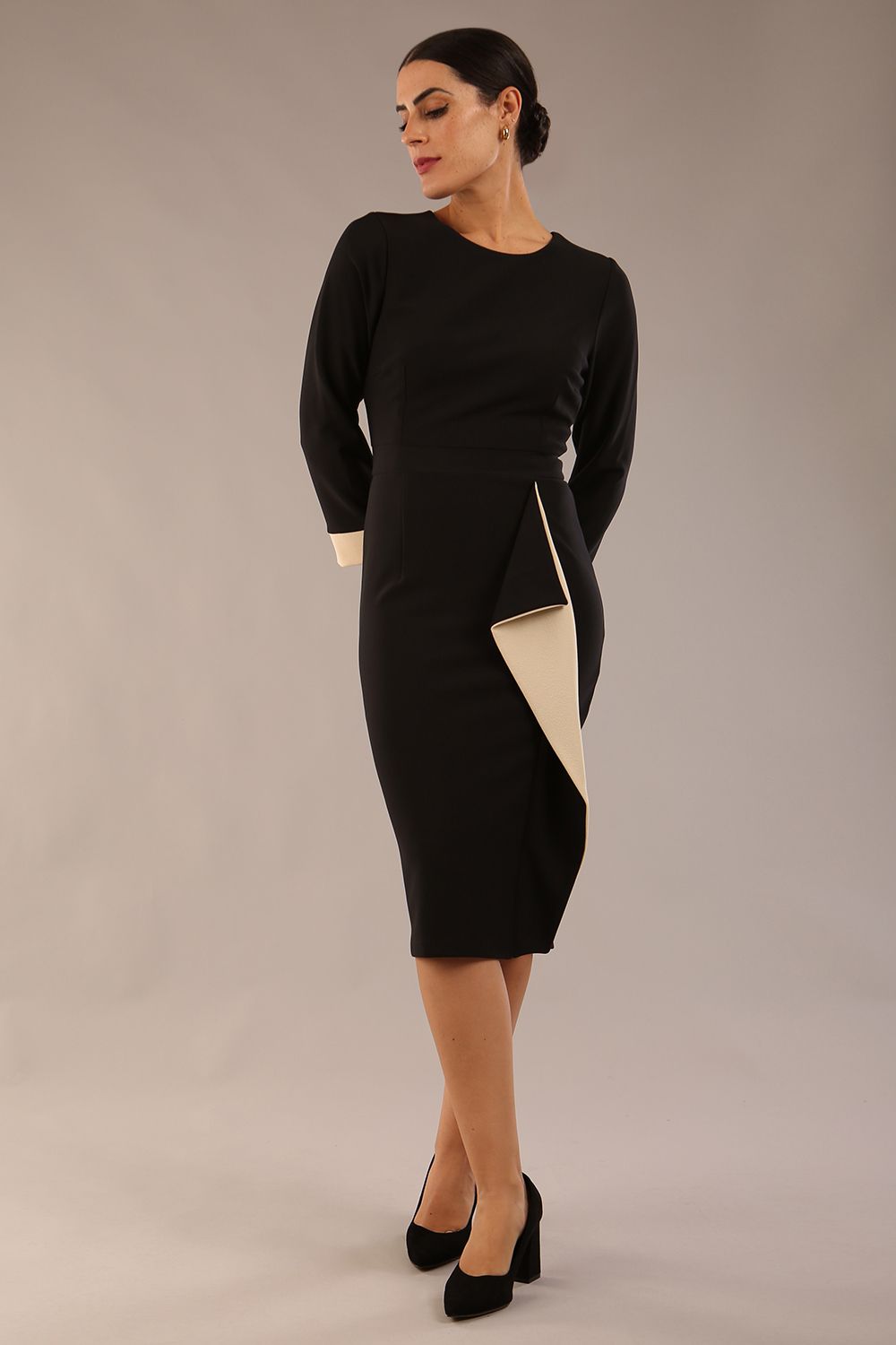 Bounty Contrast Pencil Dress in Black and Beige – Diva Catwalk, image 1