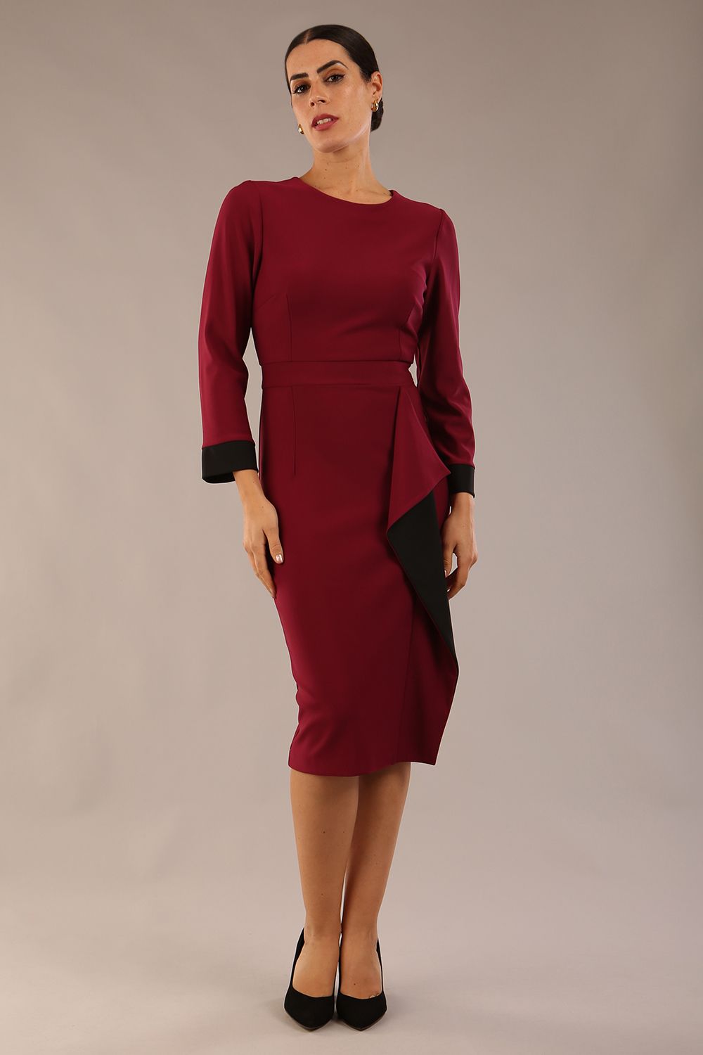 Bounty Contrast Pencil Dress in Burgundy and Black – Diva Catwalk, image 2