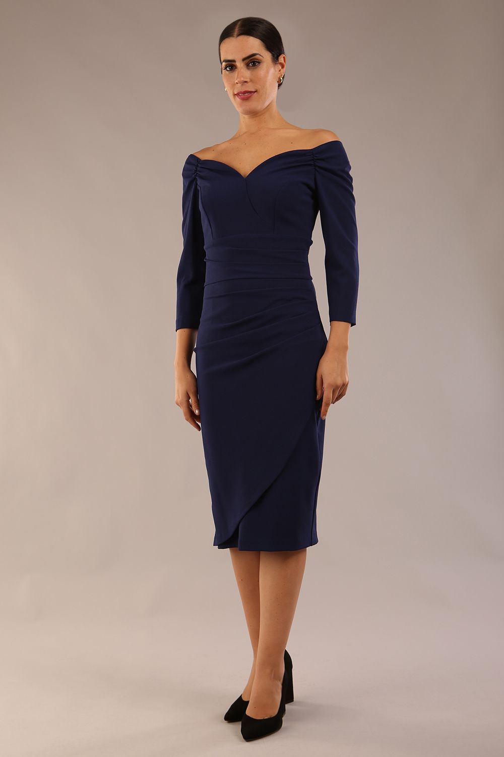 Breton Off Shoulder Pencil Dress in Navy – Diva Catwalk, image 6