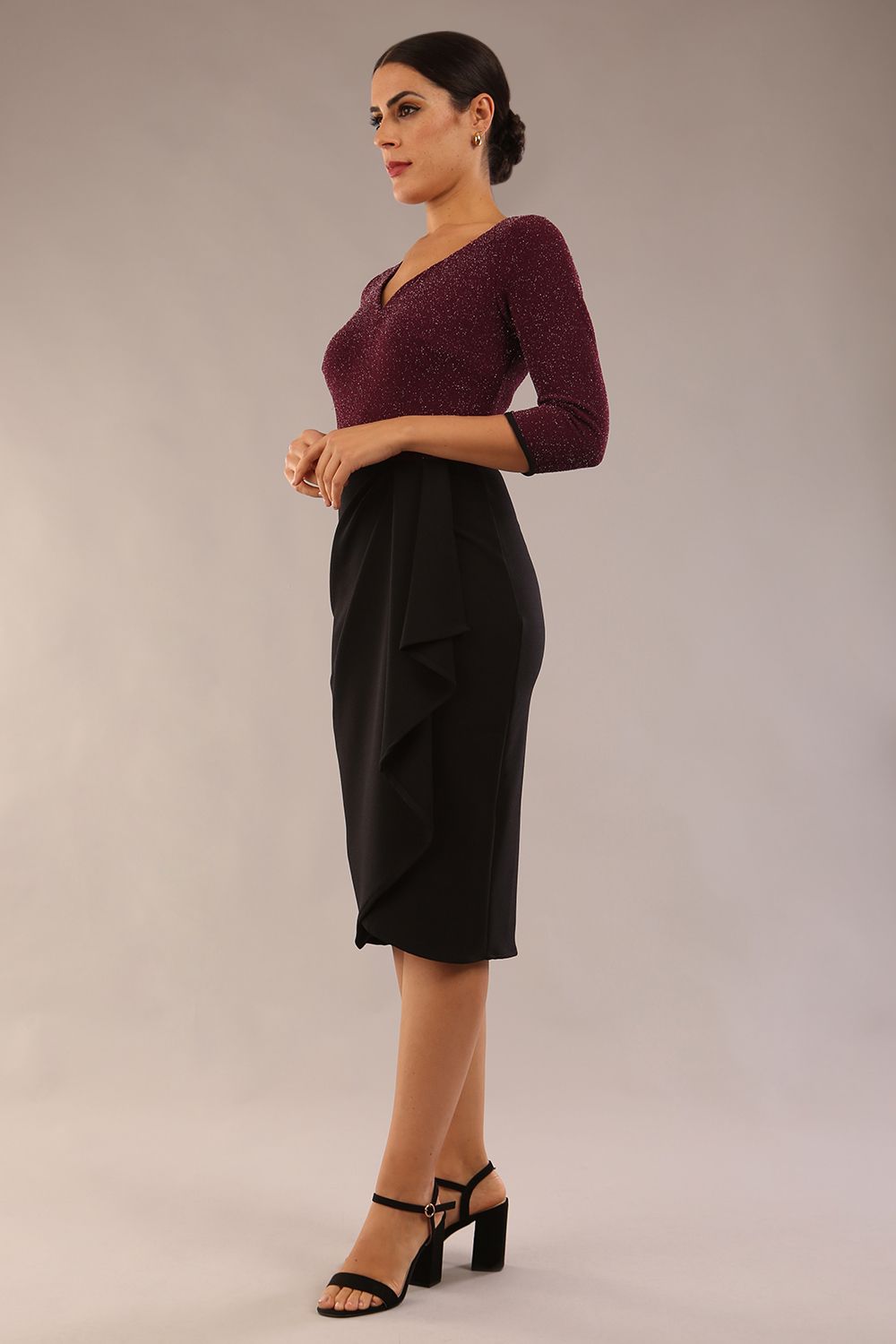 Brianna Contrast Sparkle Pencil Dress in Black and Burgundy Sparkle – Diva Catwalk, image 7