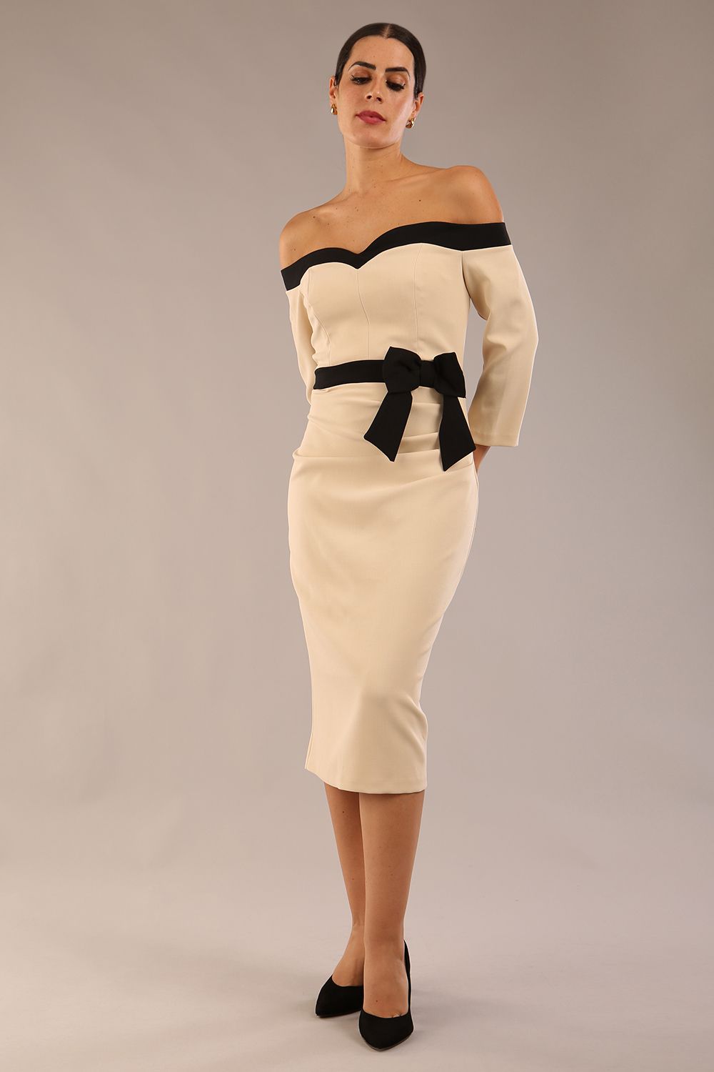 Brittany Off Shoulder Bow detail Pencil Dress in Sandshell Beige / Black – Diva Catwalk, image 8