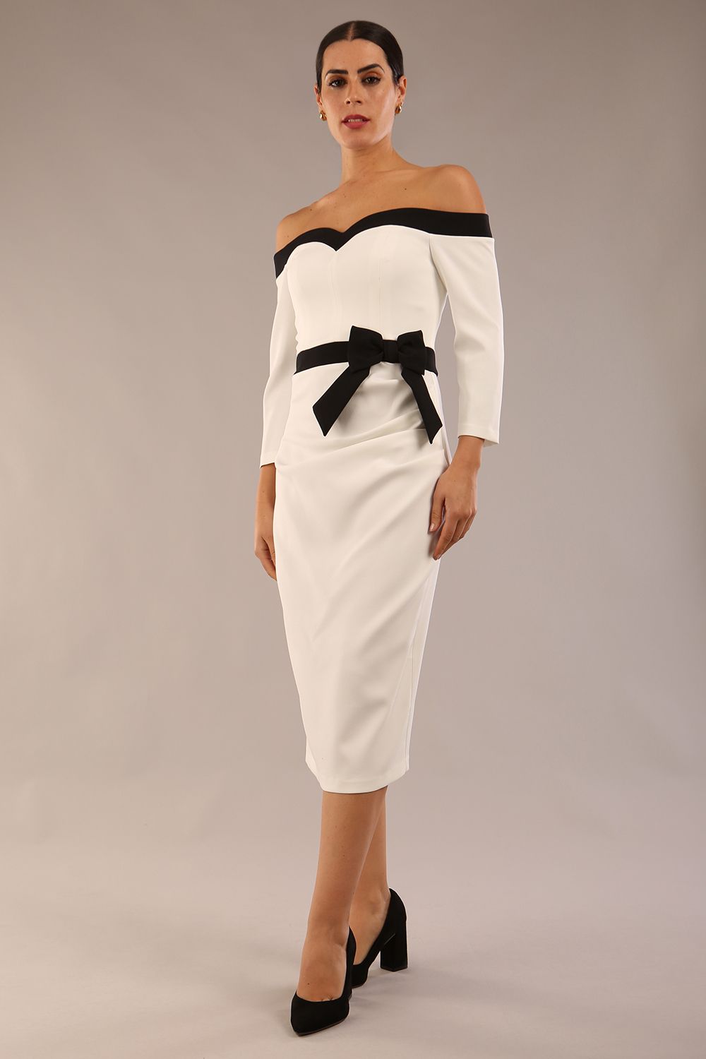 Brittany Off Shoulder Bow detail Pencil Dress in Ivory / Black – Diva Catwalk, image 3