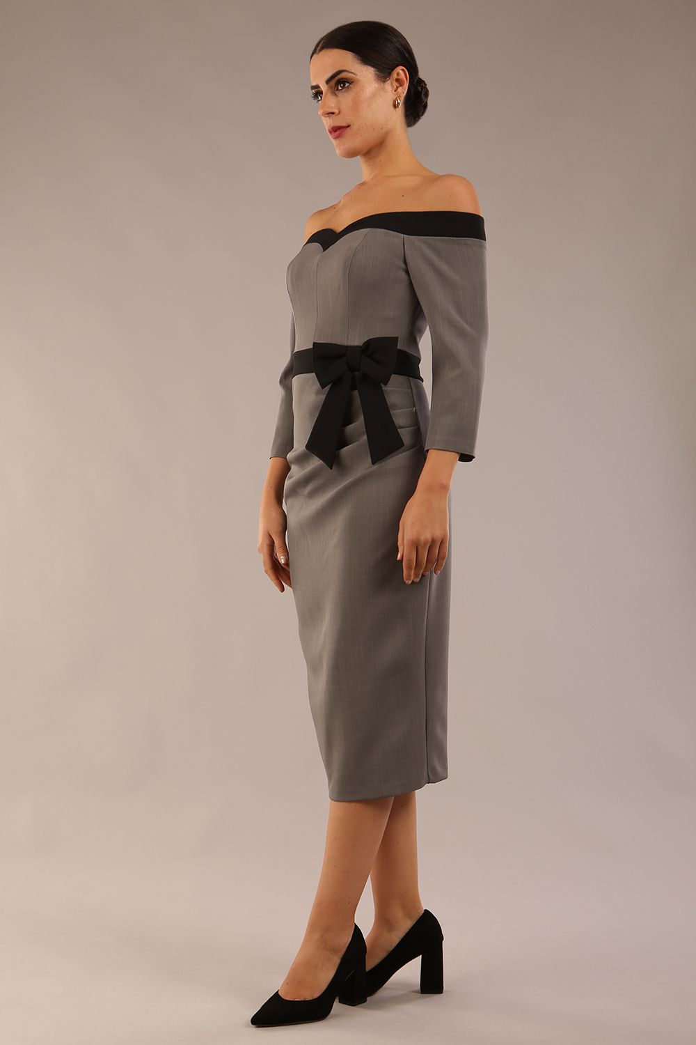 Brittany Off Shoulder Bow detail Pencil Dress in Castlerock Grey / Black – Diva Catwalk, image 9