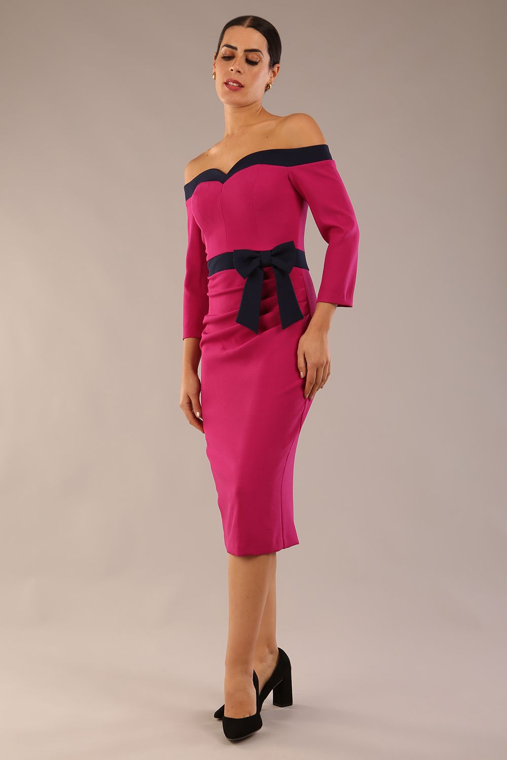 Brittany Off Shoulder Bow detail Pencil Dress in Magenta / Navy Blue – Diva Catwalk, image 12