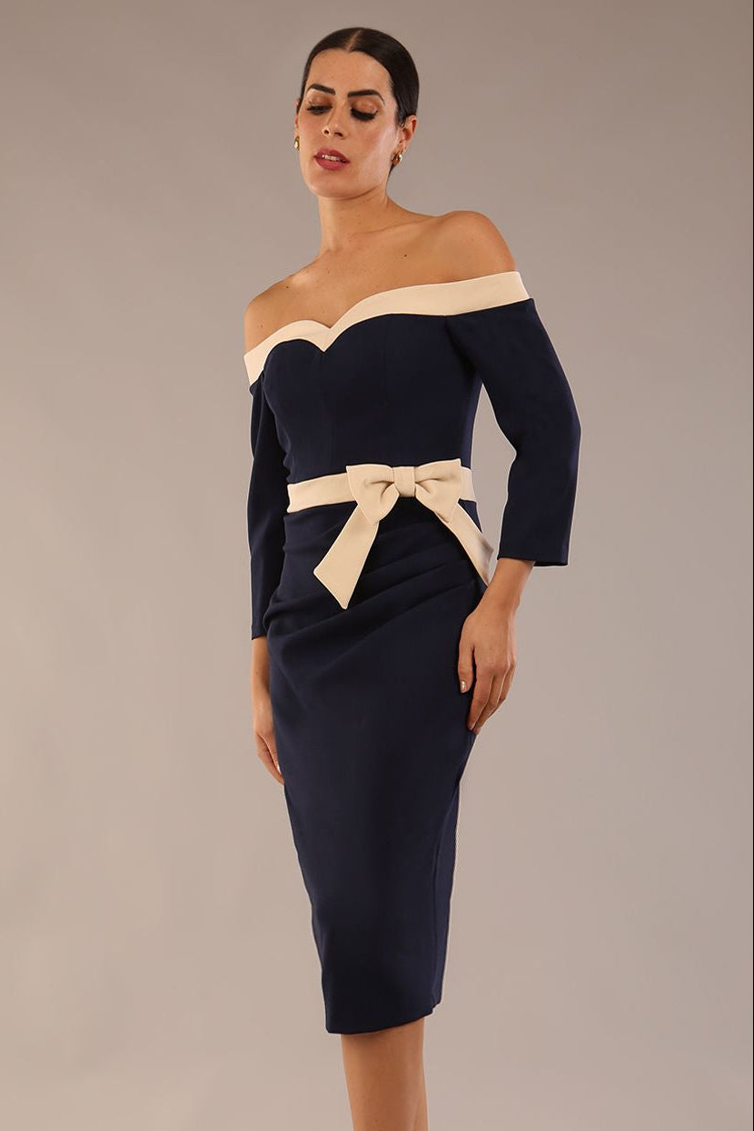 Brittany Off Shoulder Bow detail Pencil Dress in Navy Blue / Sandshell Beige – Diva Catwalk, image 1