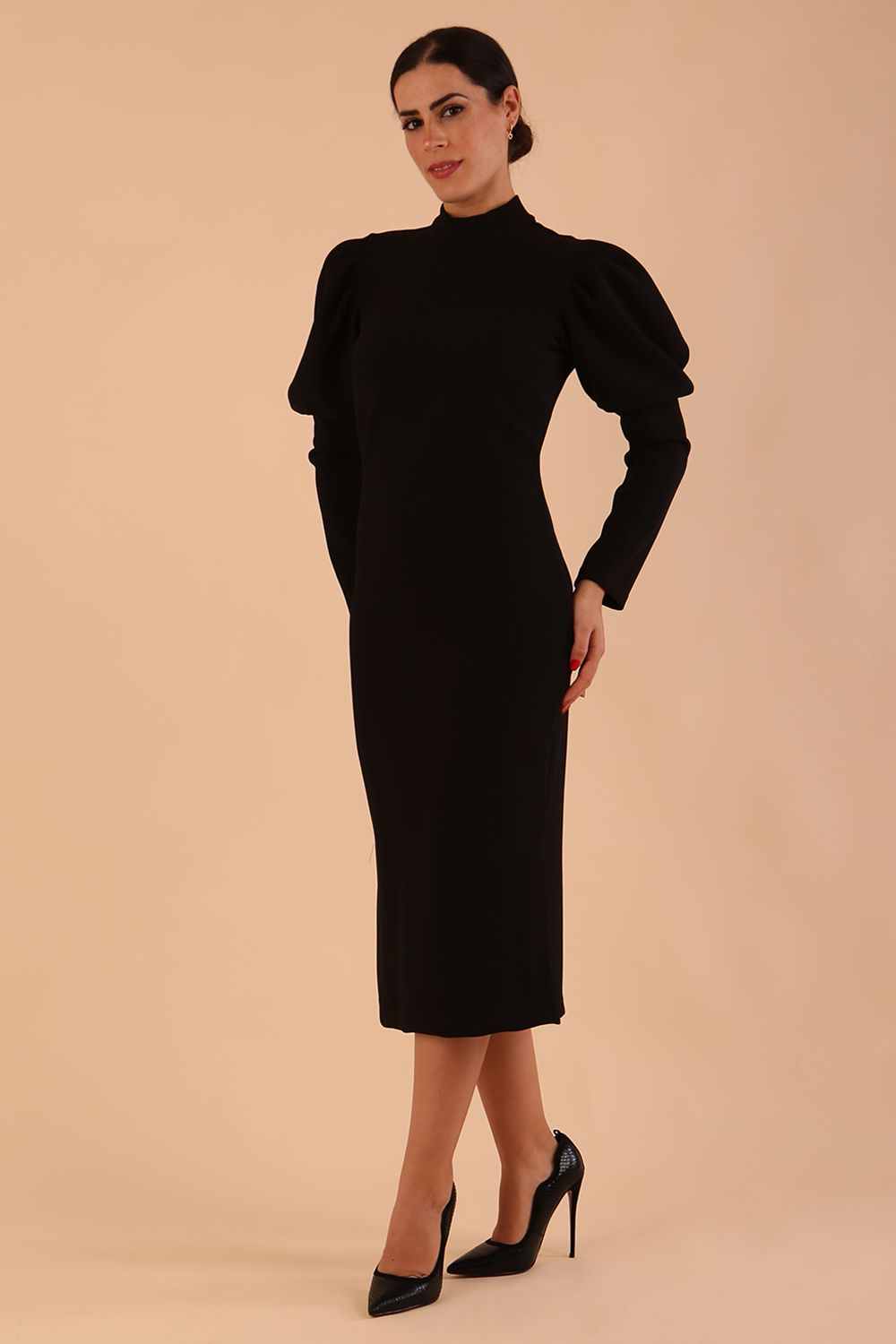Buffy Long Sleeve Midi Pencil Dress in Black – Diva Catwalk, image 2