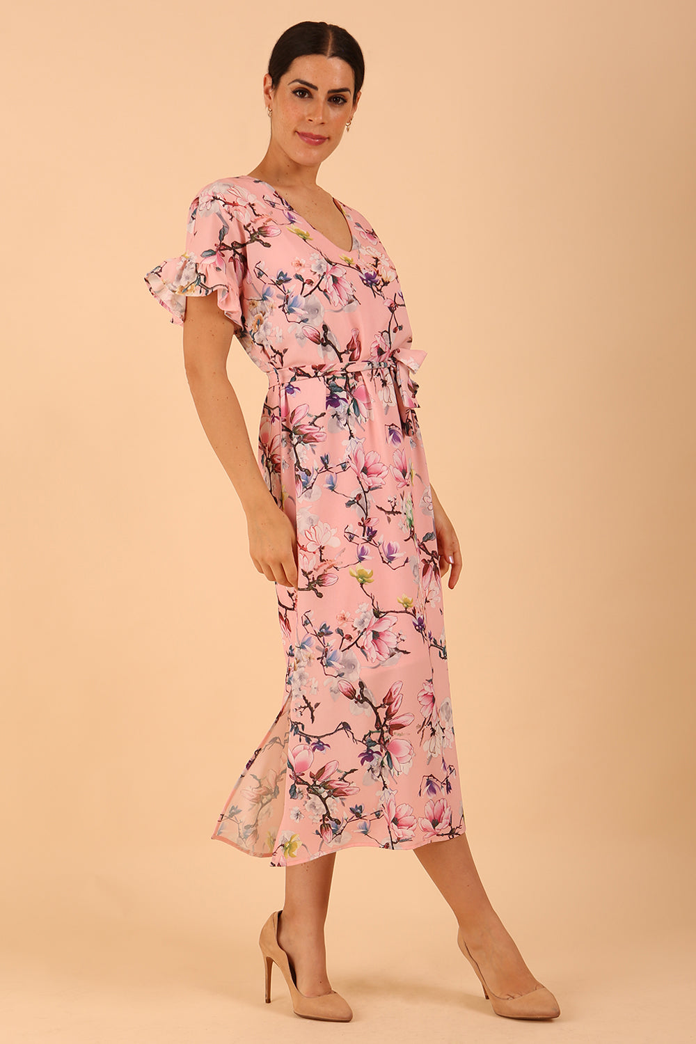 Carella Midi Navy Print Dress in Floral Mist Pink – Diva Catwalk, image 1