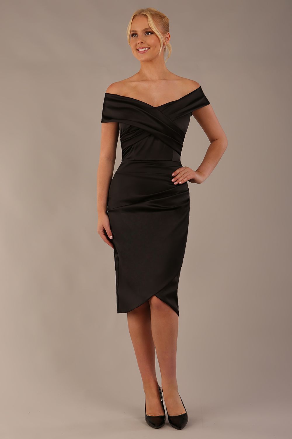 Casa Blanca Off Shoulder Satin Dress in Black – Diva Catwalk, image 4