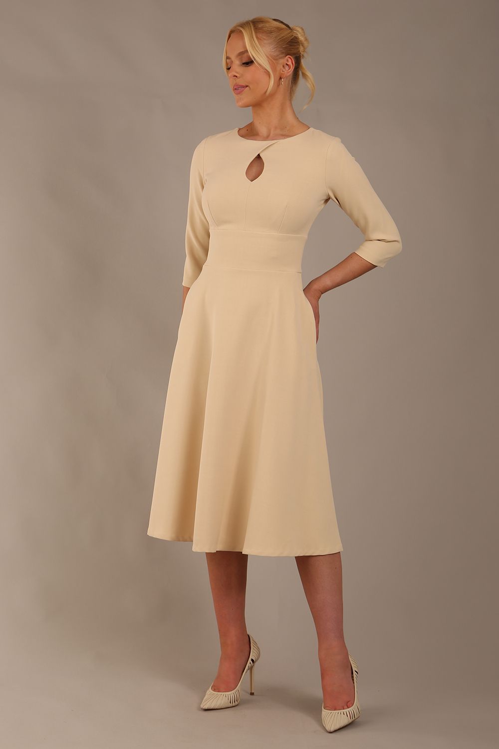 Casares Three Quarter Sleeve A-line Dress in Sandshell Beige – Diva Catwalk, image 17