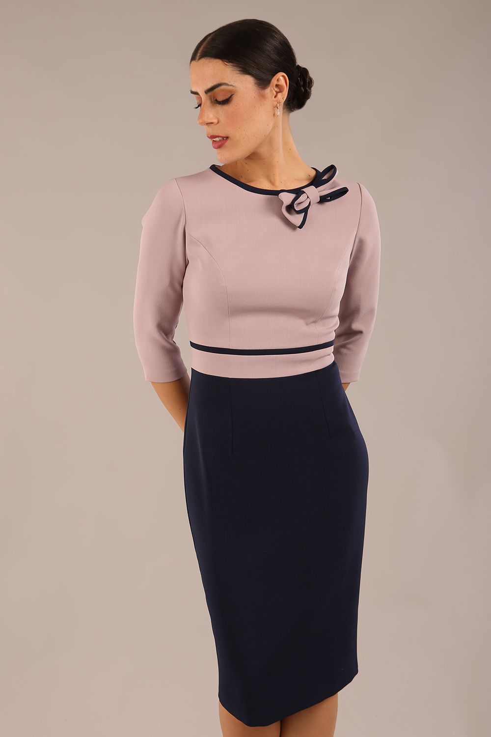 Cherie Sleeved Contrast Bow Neck Pencil Dress – Diva Catwalk, image 18