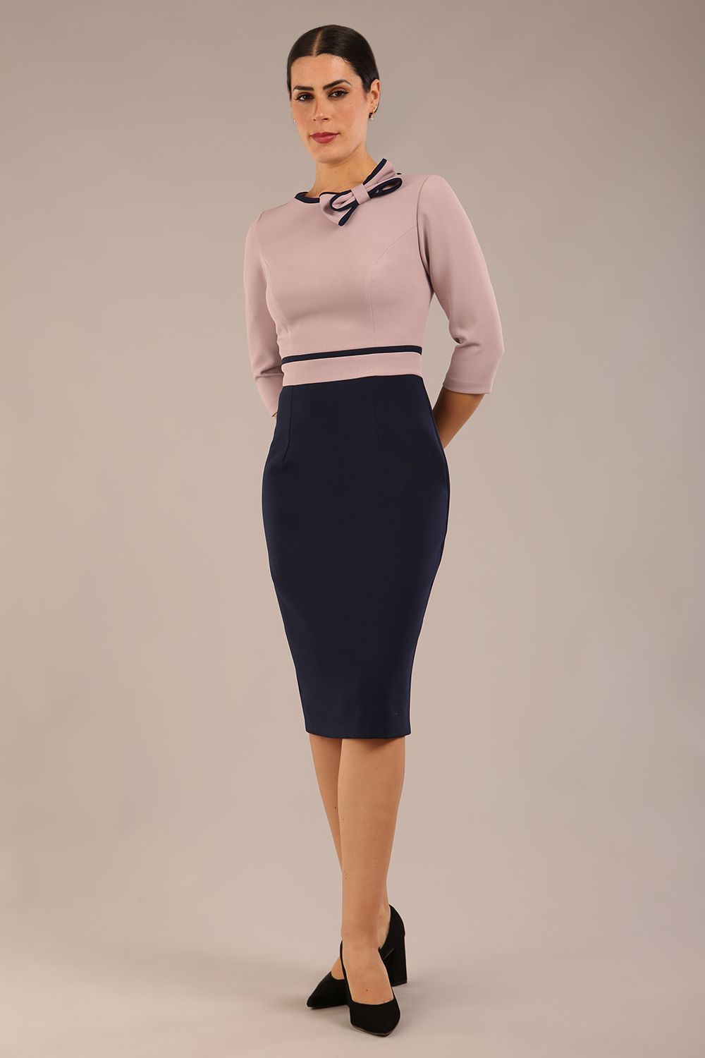 Cherie Sleeved Contrast Bow Neck Pencil Dress – Diva Catwalk, image 19