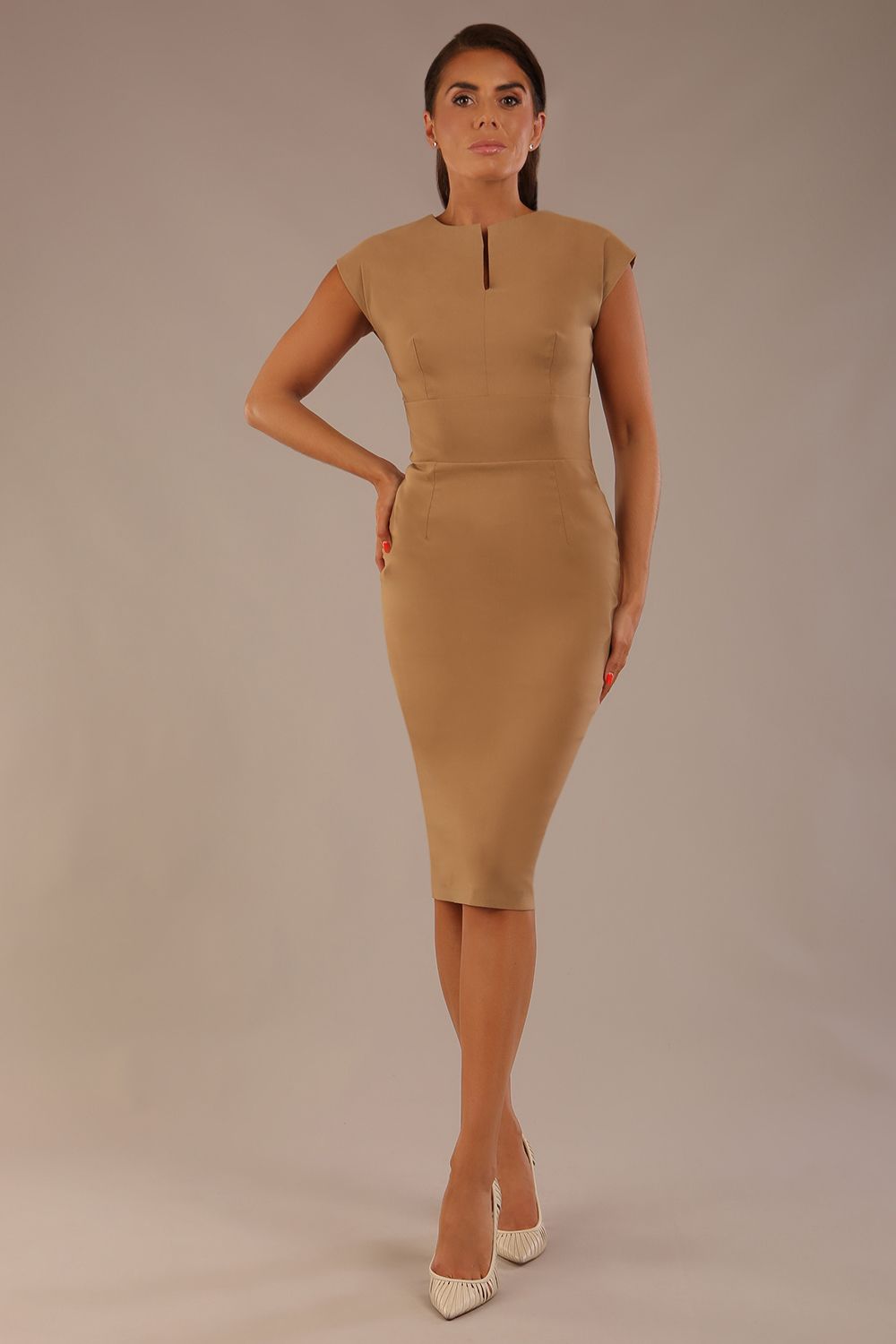 Claire Cap Sleeve Pencil Dress in Tannin Brown – Diva Catwalk, image 7