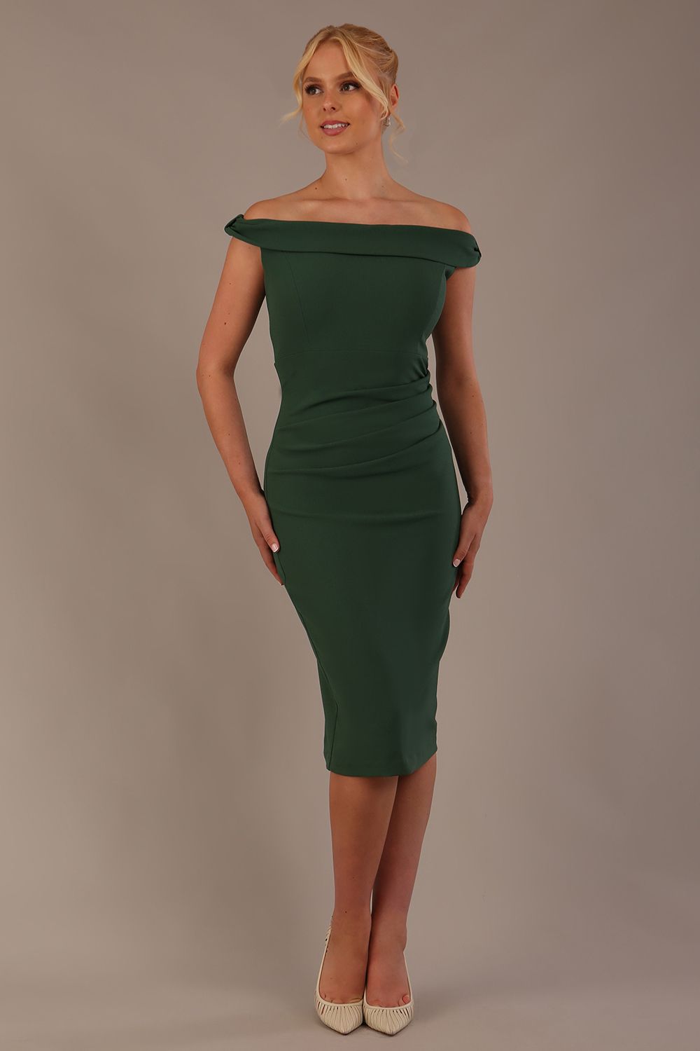 Cloud Off Shoulder Pencil Dress in Hunter Green – Diva Catwalk, image 4
