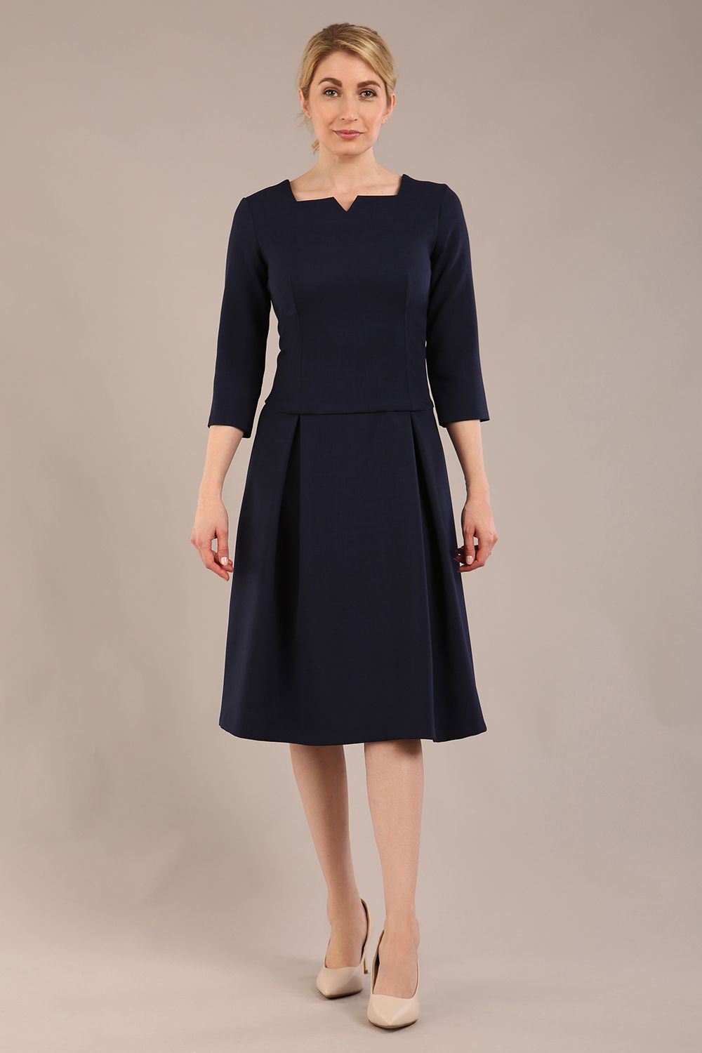 Cordelia Square Neck Pleated Midi A-line Dress 
