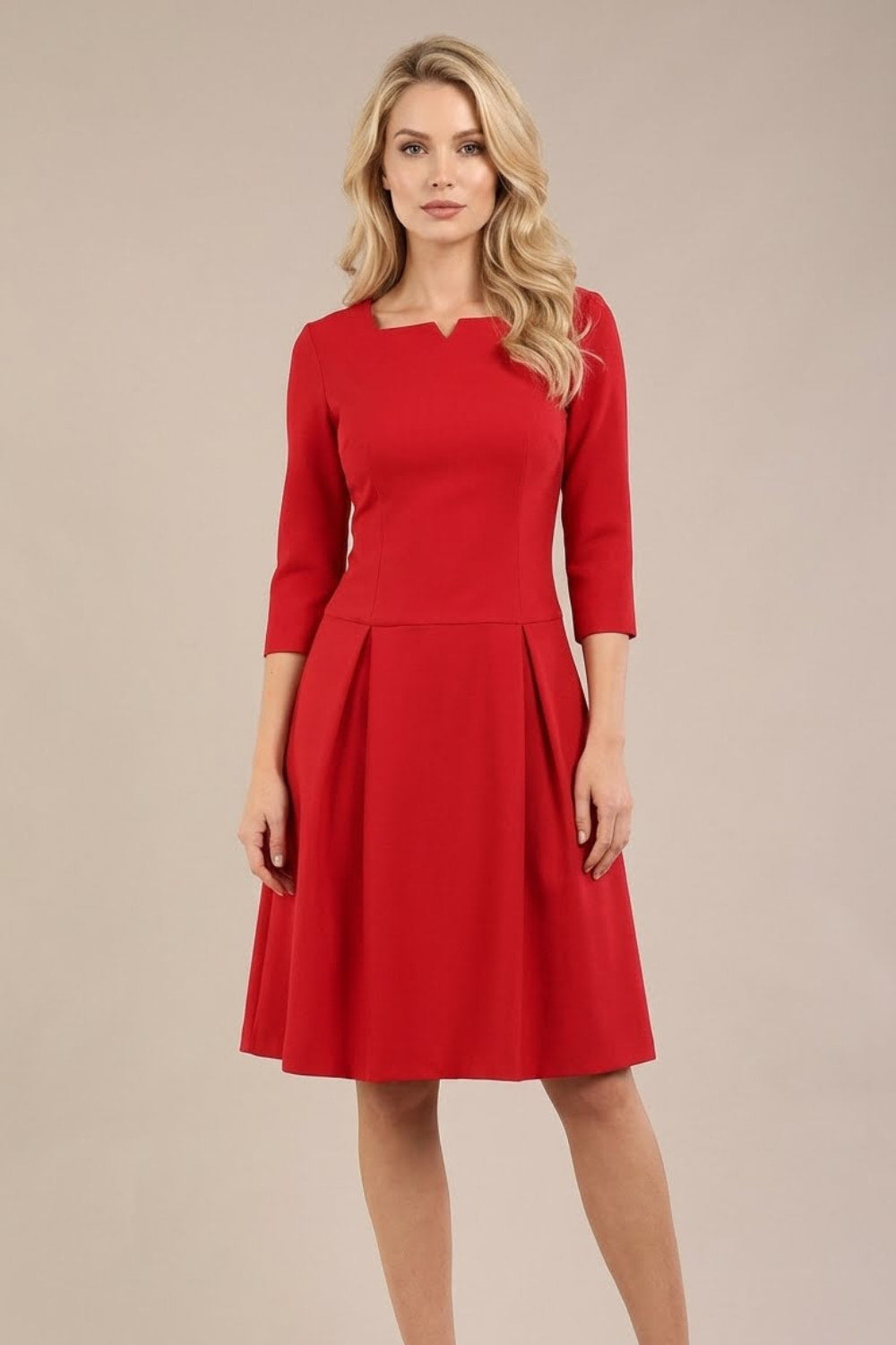 Cordelia Square Neck Pleated Midi A-line Dress in Dark Red – Diva Catwalk, image 1