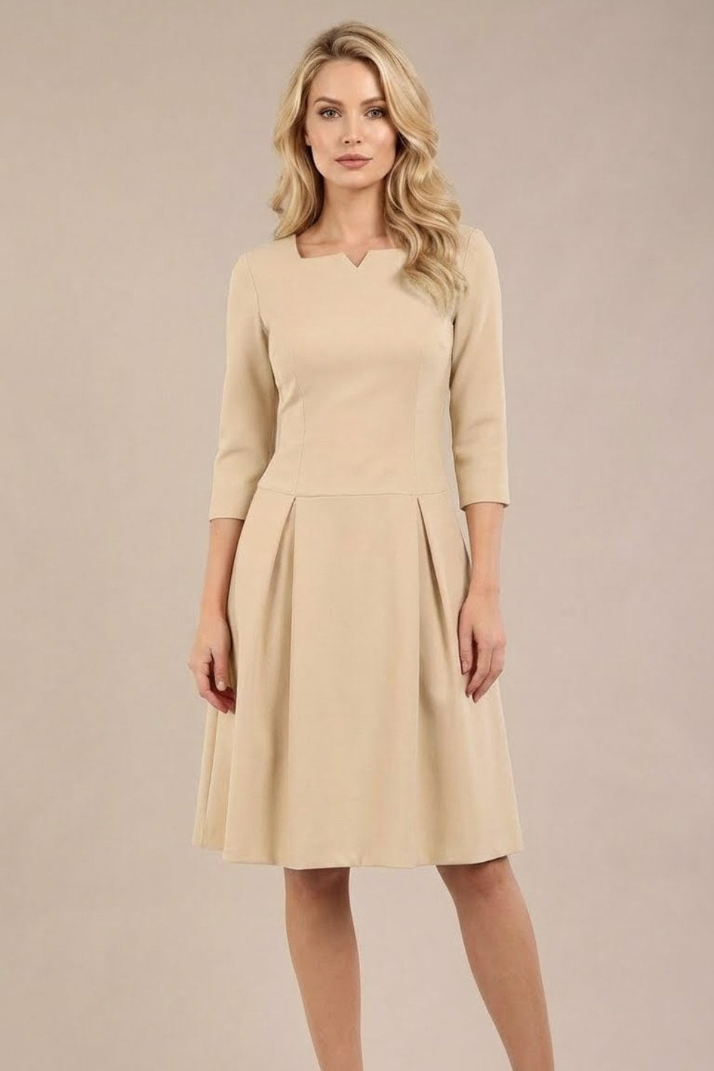 Cordelia Square Neck Pleated Midi A-line Dress in Sandshell Beige – Diva Catwalk, image 9