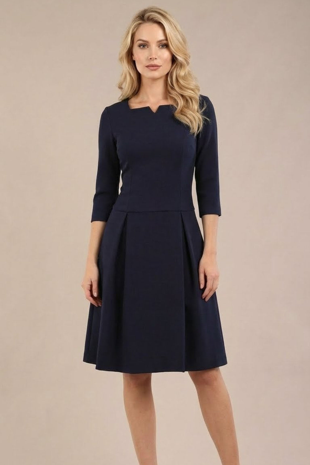 Cordelia Square Neck Pleated Midi A-line Dress in Navy Blue – Diva Catwalk, image 27