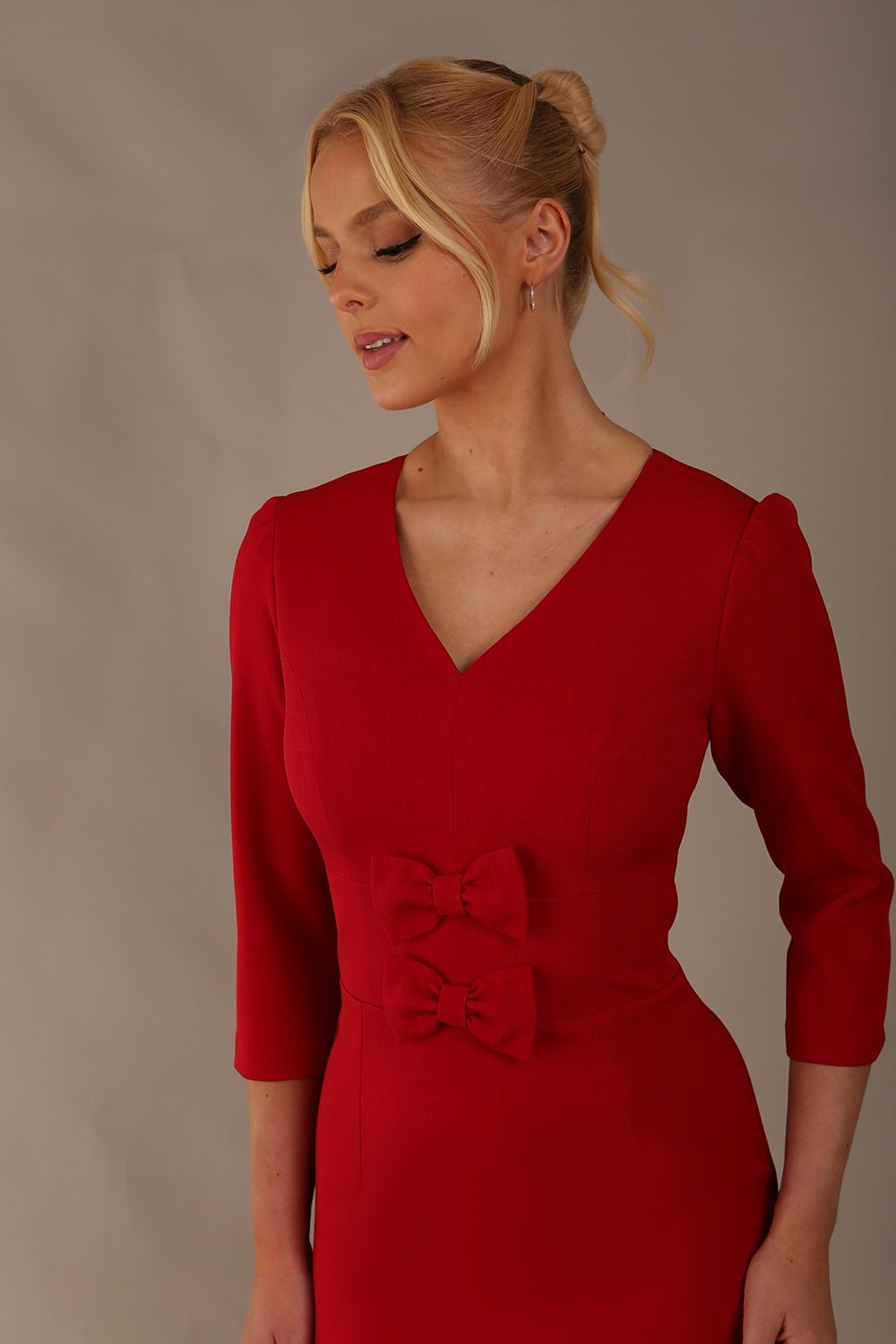 Corniche Double Bow Pencil Dress in Dark Red – Diva Catwalk, image 1