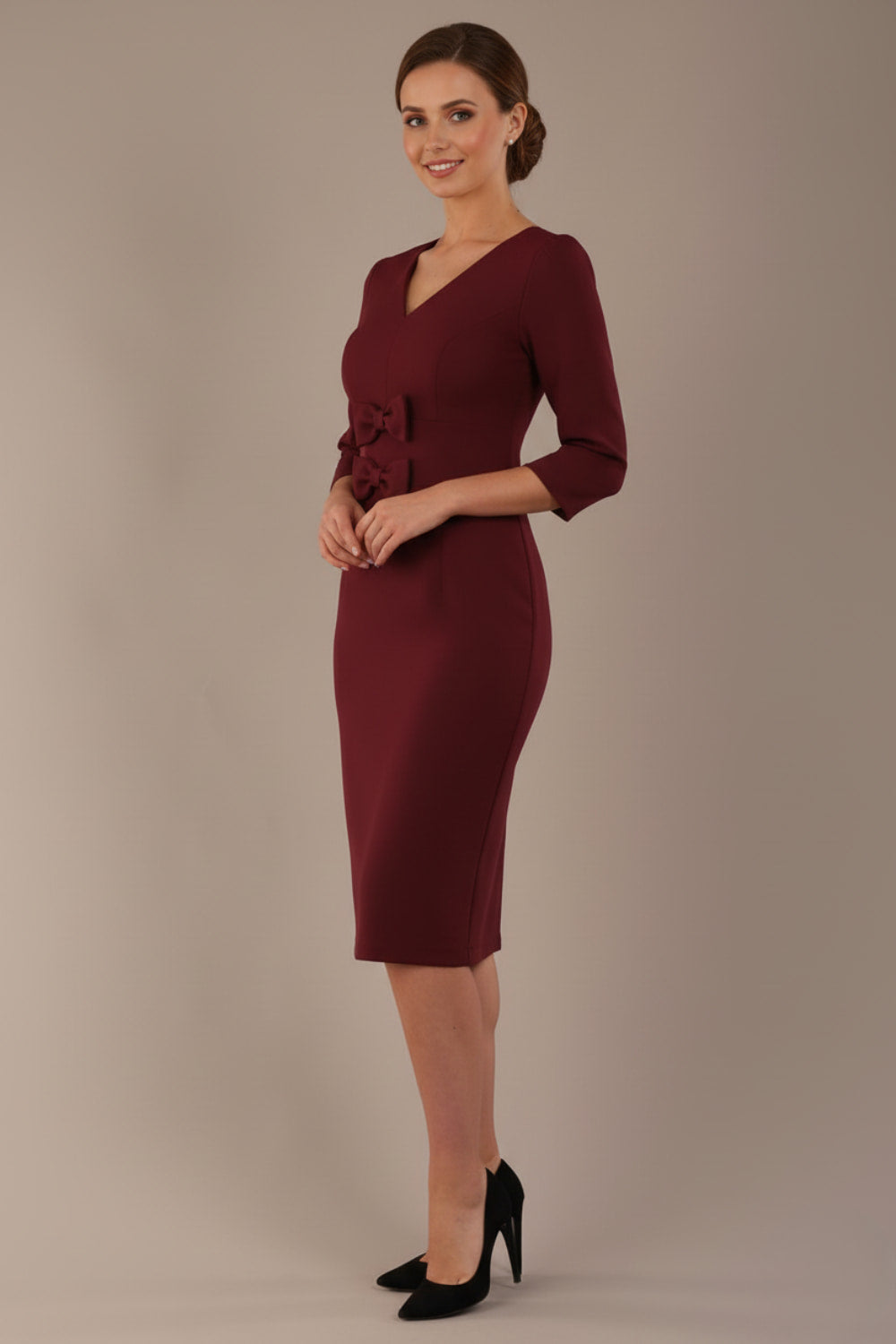 Corniche Double Bow Pencil Dress in Wine – Diva Catwalk, image 4
