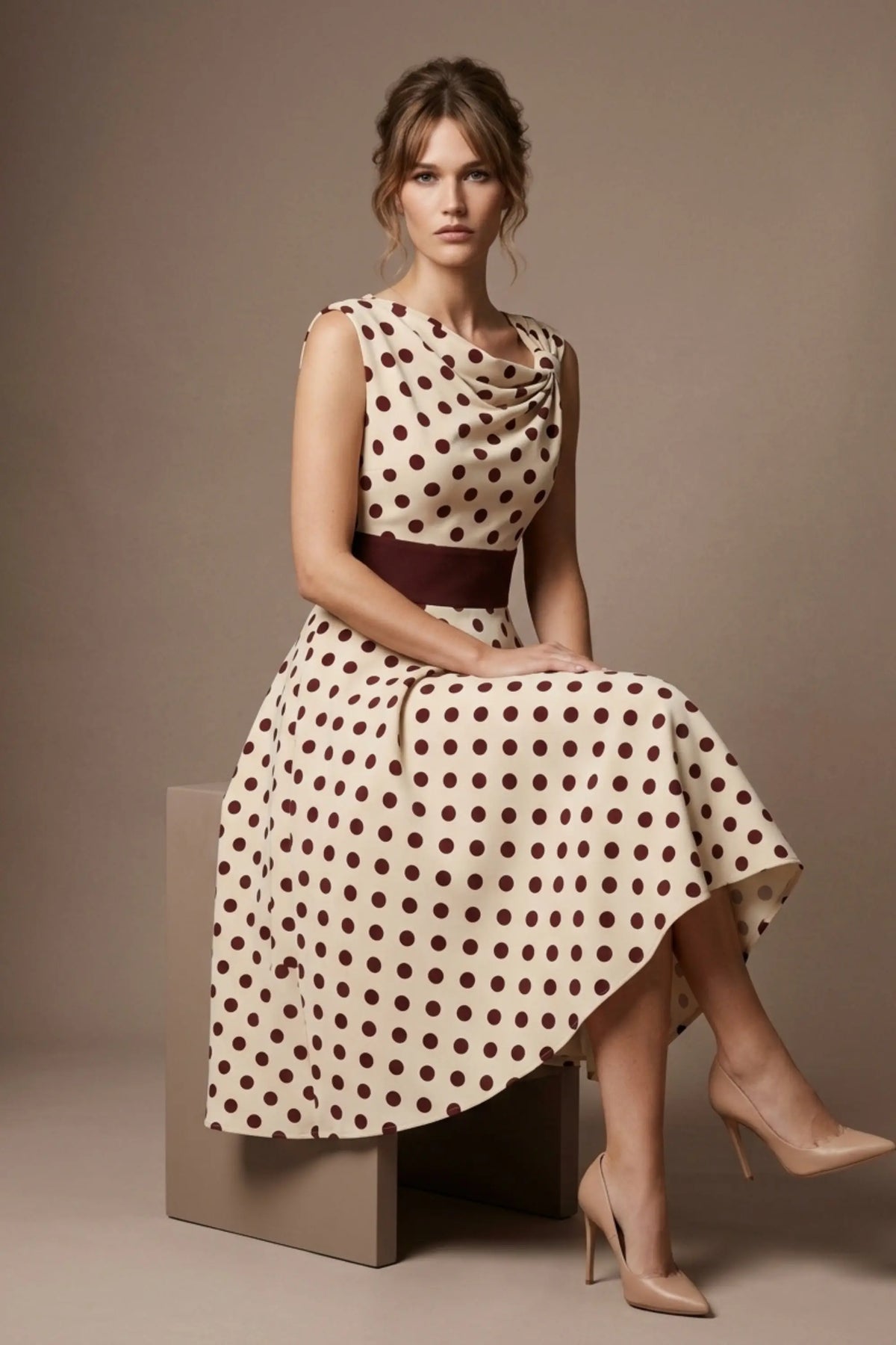 Suffolk Contrast Midriff Spot Dress in Sandshell Beige - Mahogany Spot Contrast – Diva Catwalk, image 1