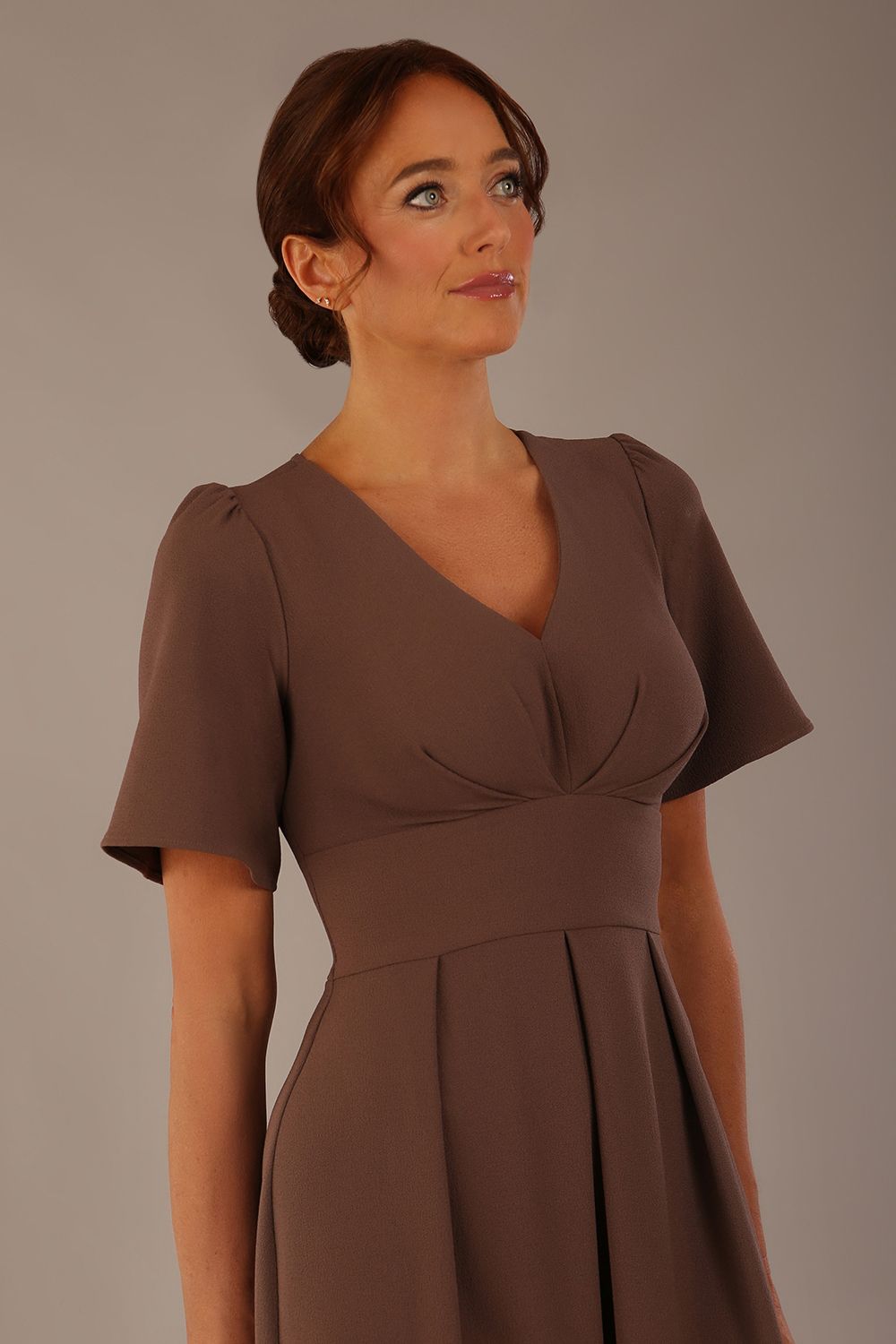 Dale Pleated A-Line Dress in Peppercorn Brown – Diva Catwalk, image 1