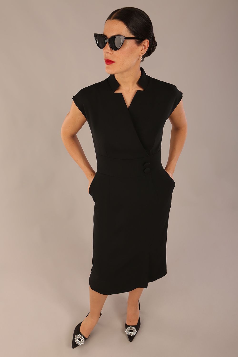 Derby Cap Sleeve Pencil Dress with Pockets in Black – Diva Catwalk, image 8